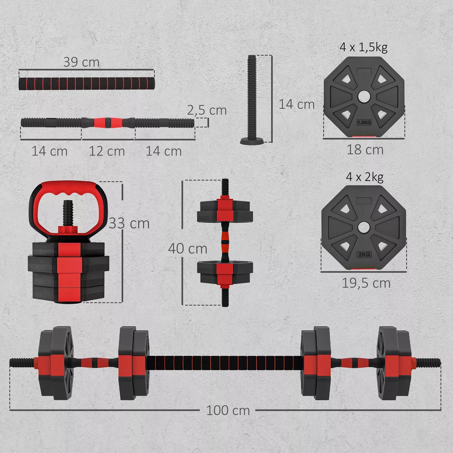 4-in-1 Hantelių Rinkinys (Trumpieji ir Ilgieji Hanteliai) Reguliuojamas 15 KG Namų Jėgos Treniruotėms