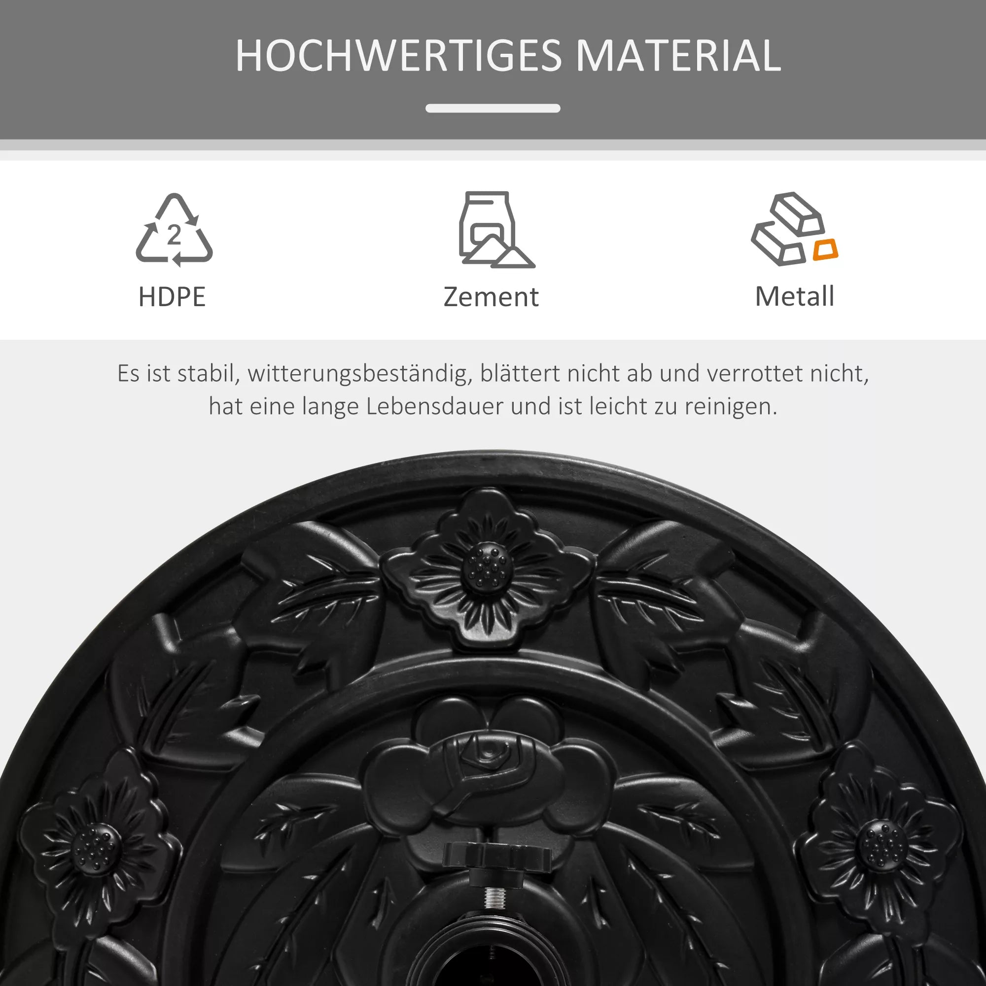 Skėčio stovas, pusapvalus, 9 kg, gėlių motyvu, HDPE/cementas, skirtas skėčio stiebams, kurių skersmuo 35/38/48 mm