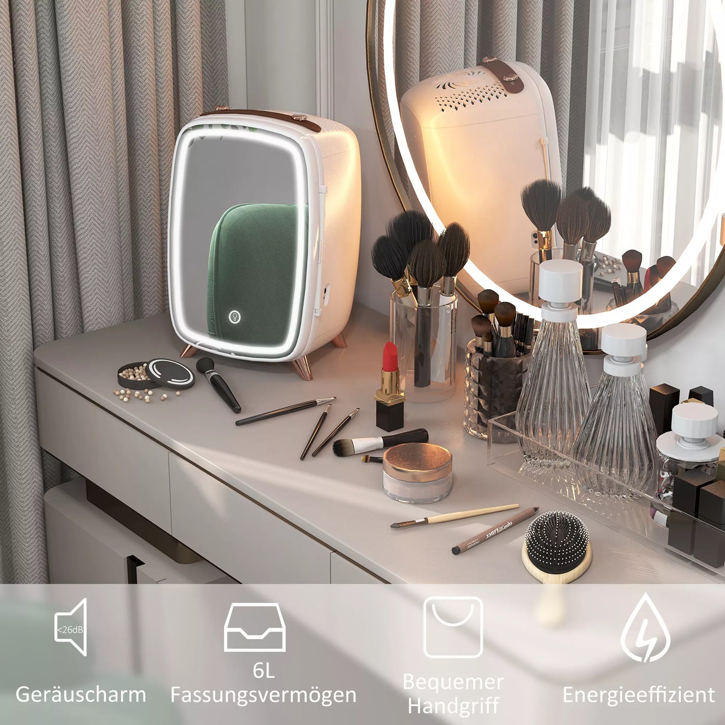 Nešiojamas mini šaldytuvas kosmetikai, gėrimams ir užkandžiams, su apšviečiamu veidrodžiu, tylus veikimas, 6L, baltas