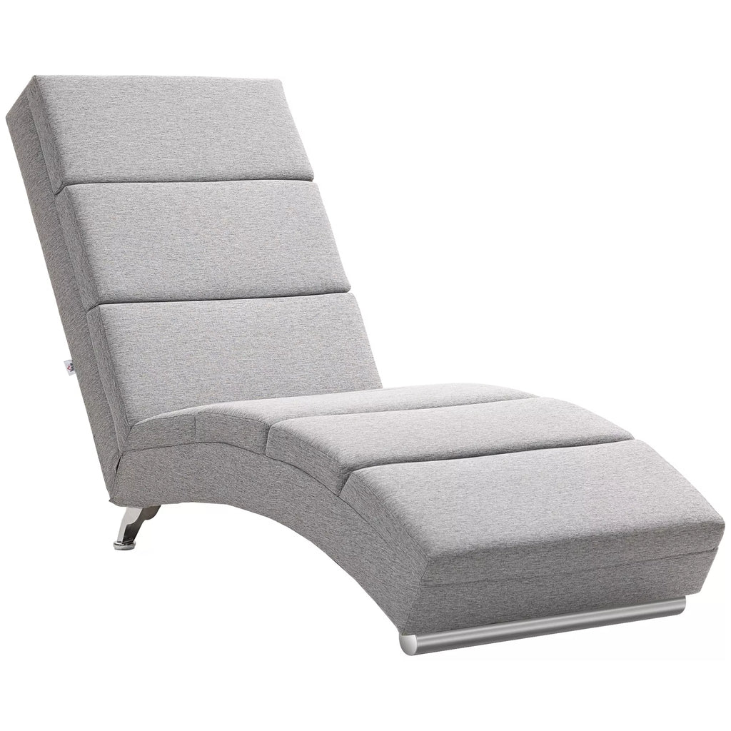 Šviesiai pilkas chaiselongue tipo fotelis su S formos ergonomiška konstrukcija ir metalinėmis kojelėmis