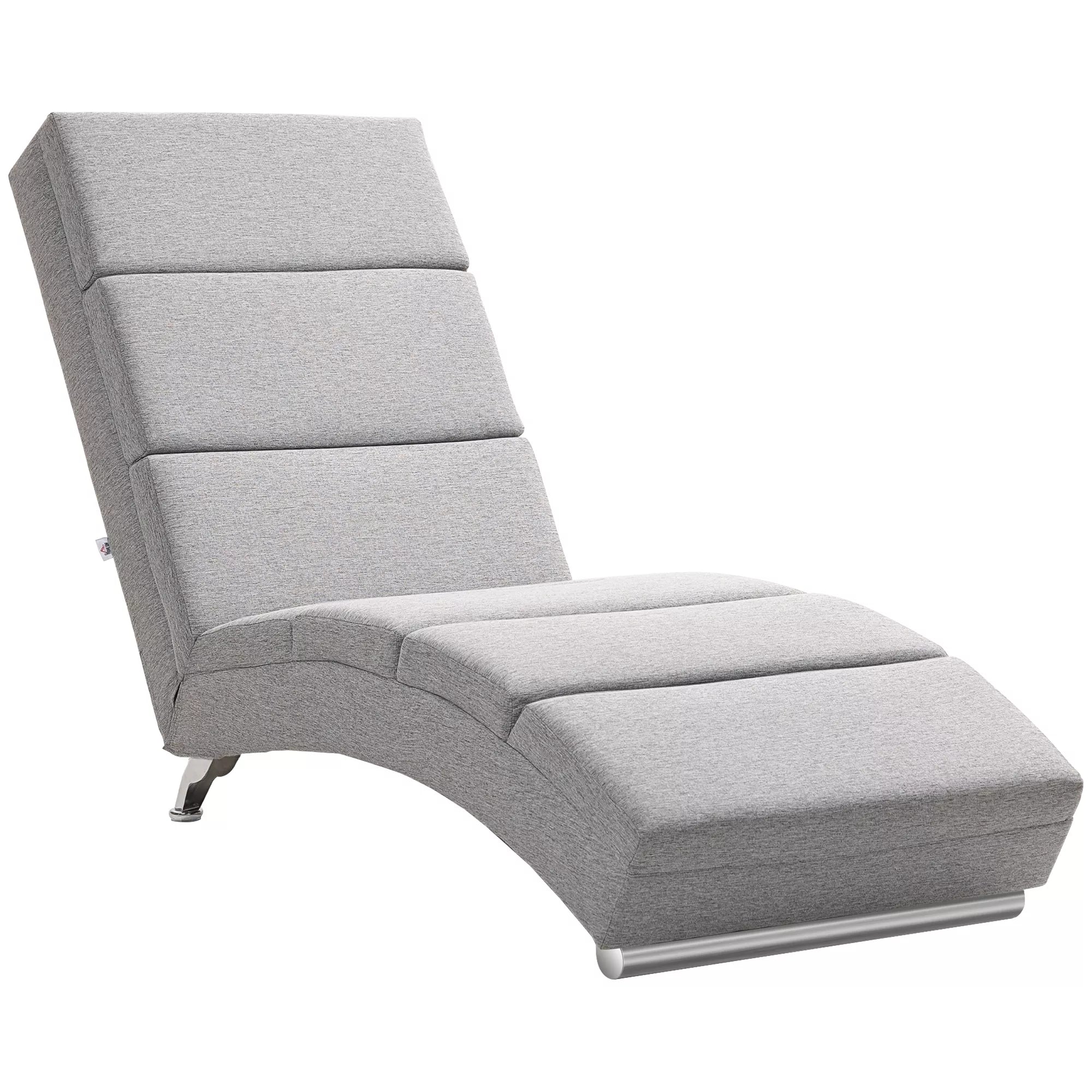 Šviesiai pilkas chaiselongue tipo fotelis su S formos ergonomiška konstrukcija ir metalinėmis kojelėmis