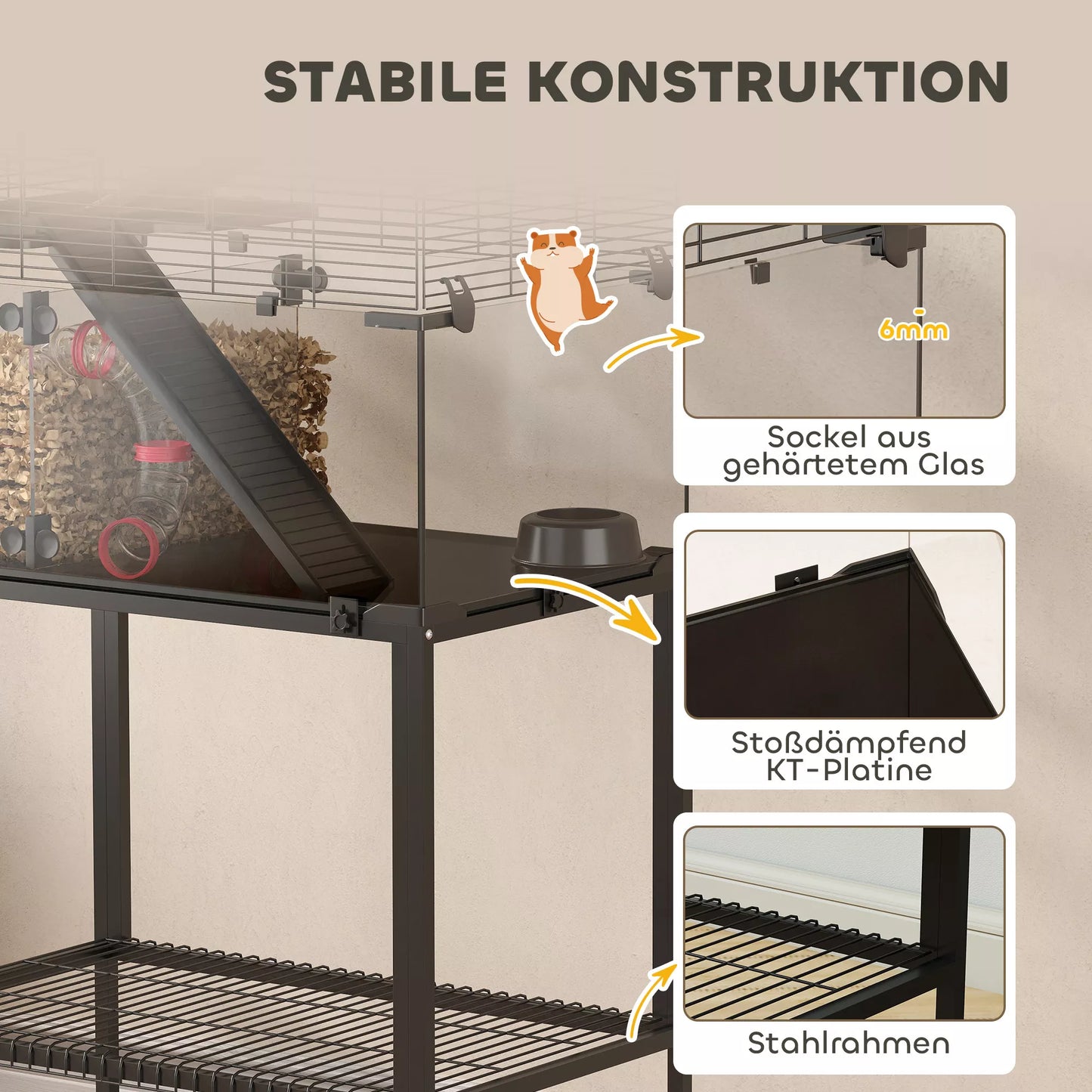 Hamsterio narvelis, 3 aukštų narvelis smulkiesiems gyvūnams, bėgimo ratas, namelis, platformos, rampos, pašaro dubuo, vandens butelis, priedai, plienas, plastikas, juoda spalva