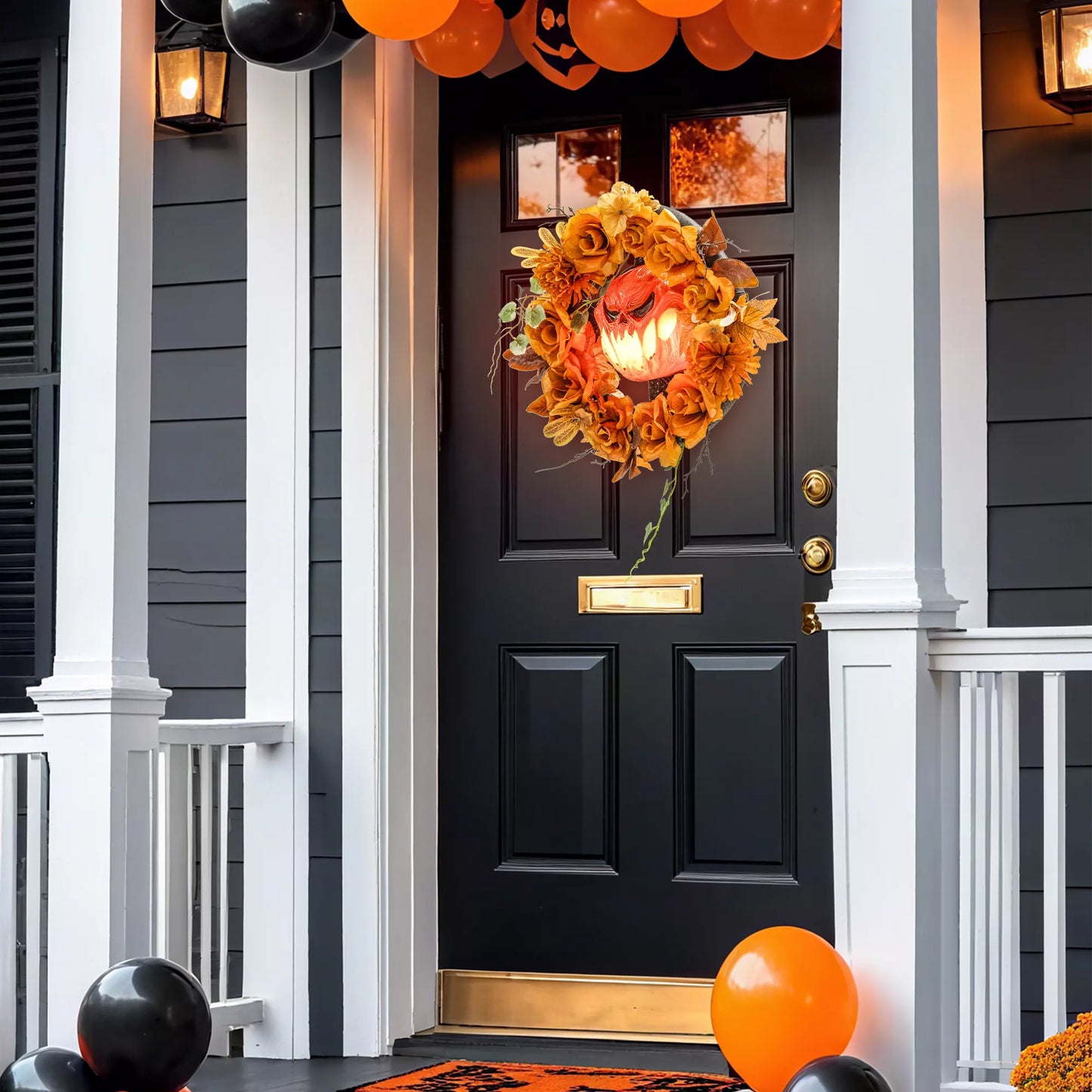 Helovino vainikas, siaubo moliūgo dizainas, rudens lapai, šviesos efektai, plastikas