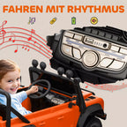 Oranžinis Land Rover Defender elektromobilis iš šono, keturratės padangos ir grotuvas