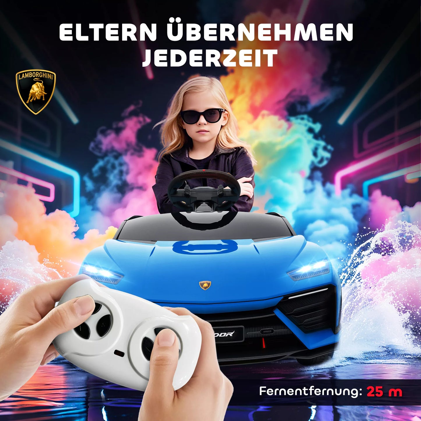 Vaikų elektrinis automobilis 12 V Vaikų automobilis su 2,4 GHz nuotolinio valdymo pultu, 2 varikliais, signaline, LED, muzika, 101,5 x 49 x 43 cm, mėlynas