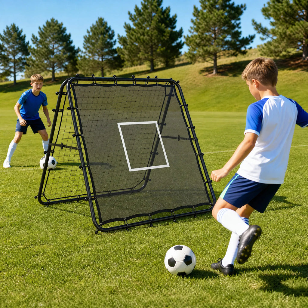 Du berniukai žaidžia futbolą su atmušimo tinklu sodo kieme