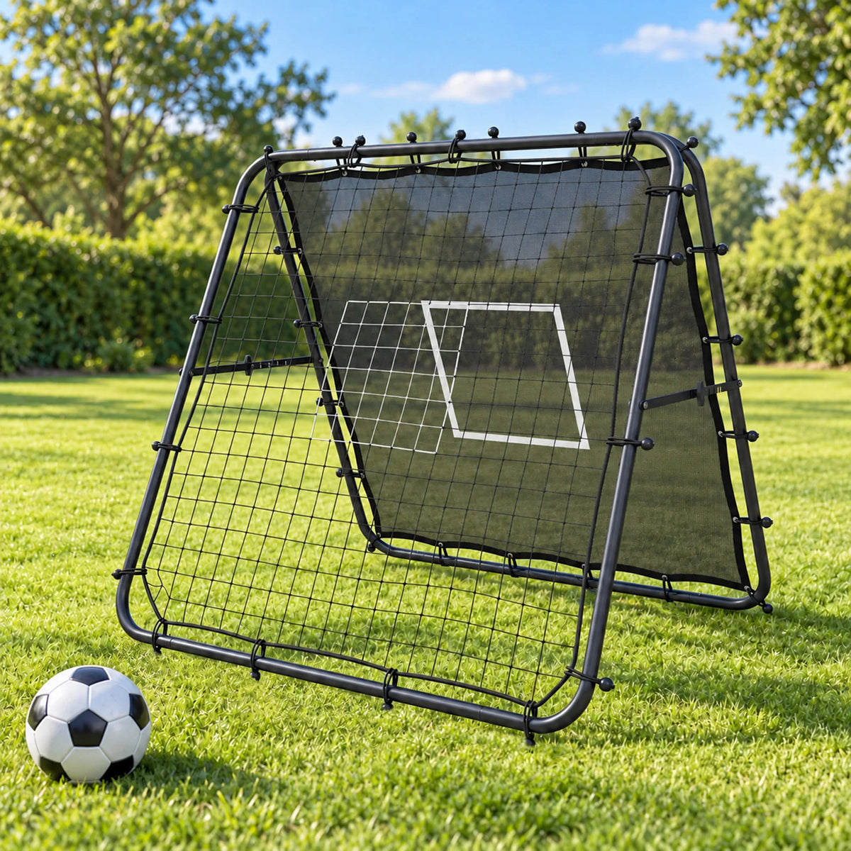 Futbolo kamuolys šalia atmušimo tinklo žalioje pievoje