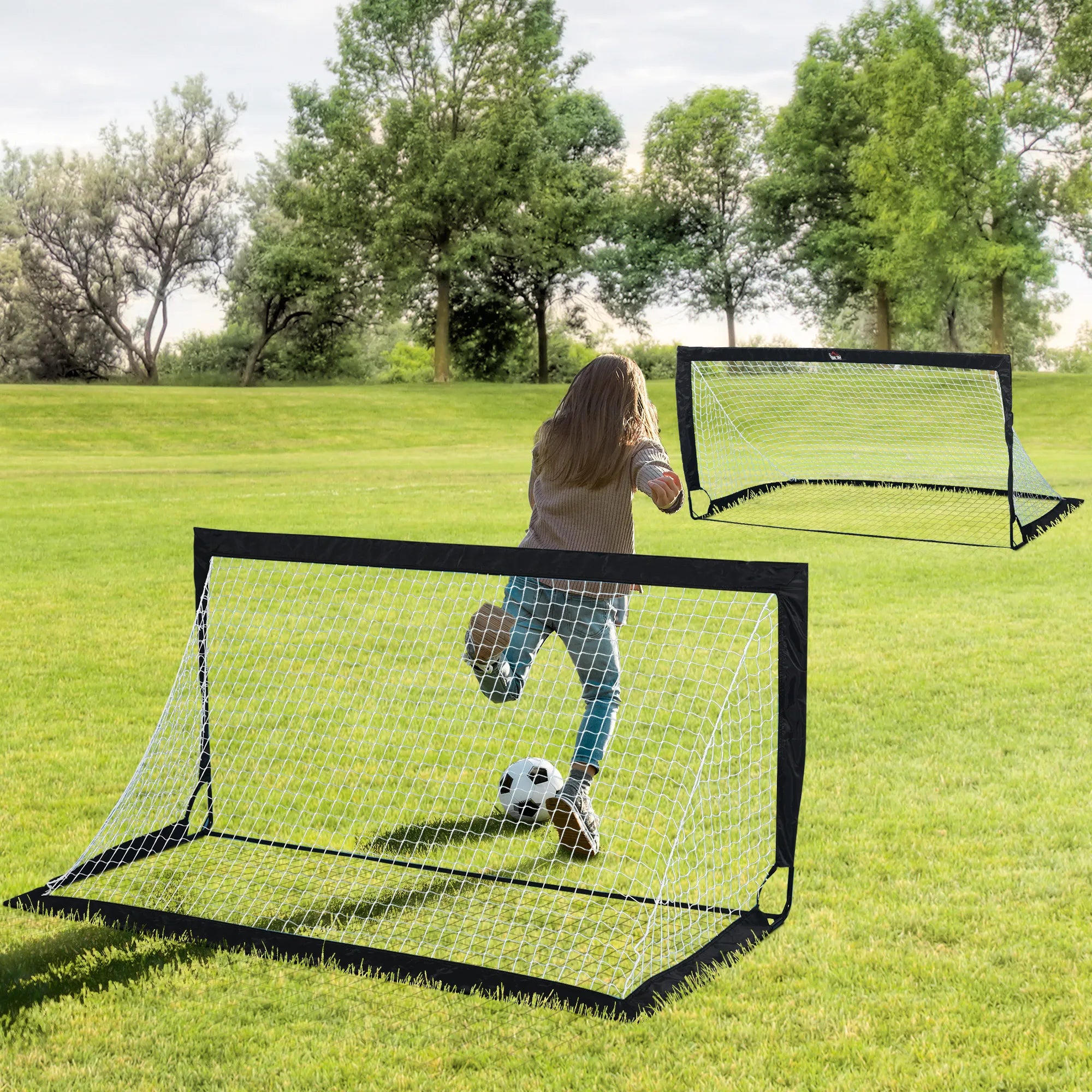 Futbolo vartai 183 x 90 x 90 cm su krepšiu, 2 vnt., juodi