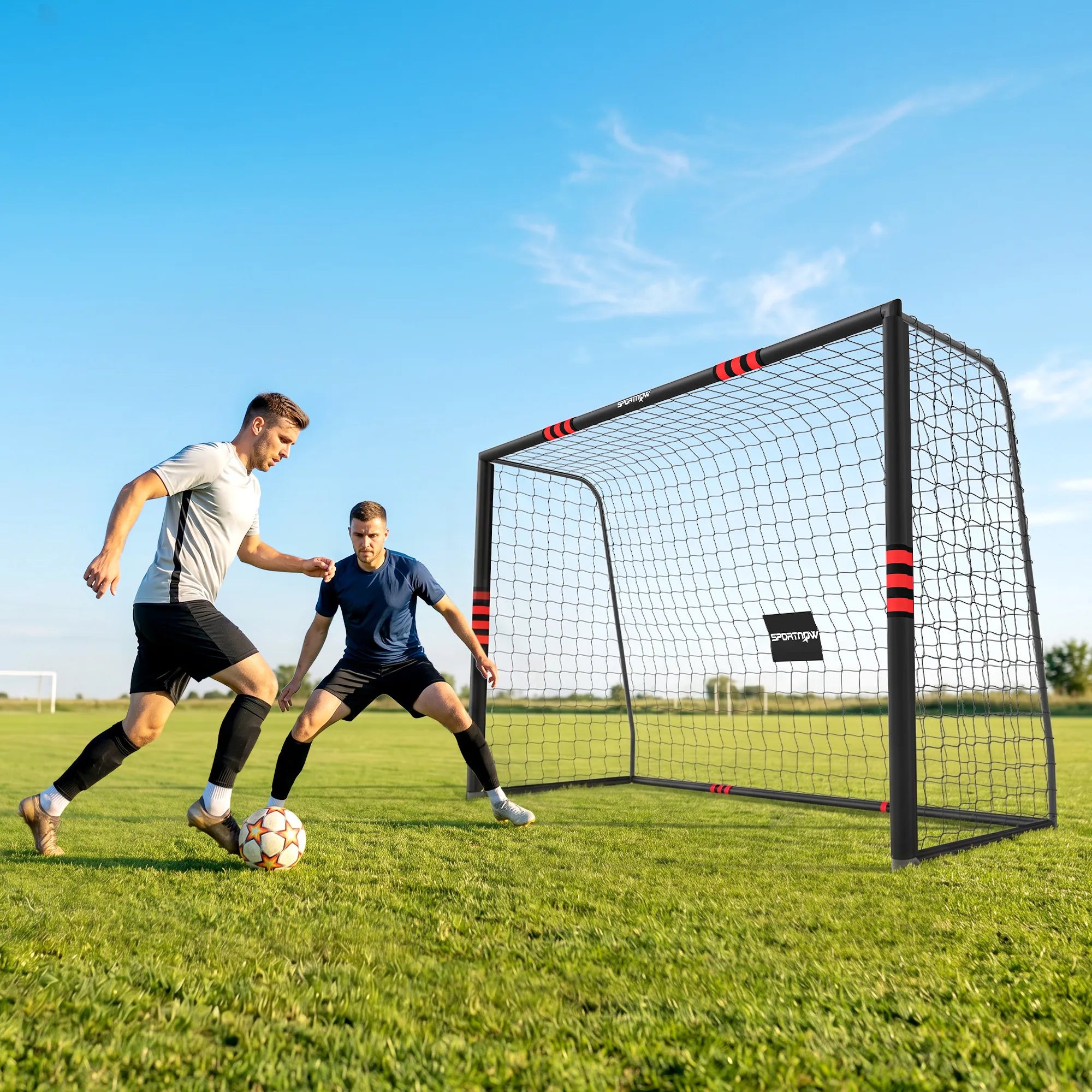 Futbolo vartai 300 x 200 cm su apsauga vaikams nuo 5 metų, juodi/raudoni