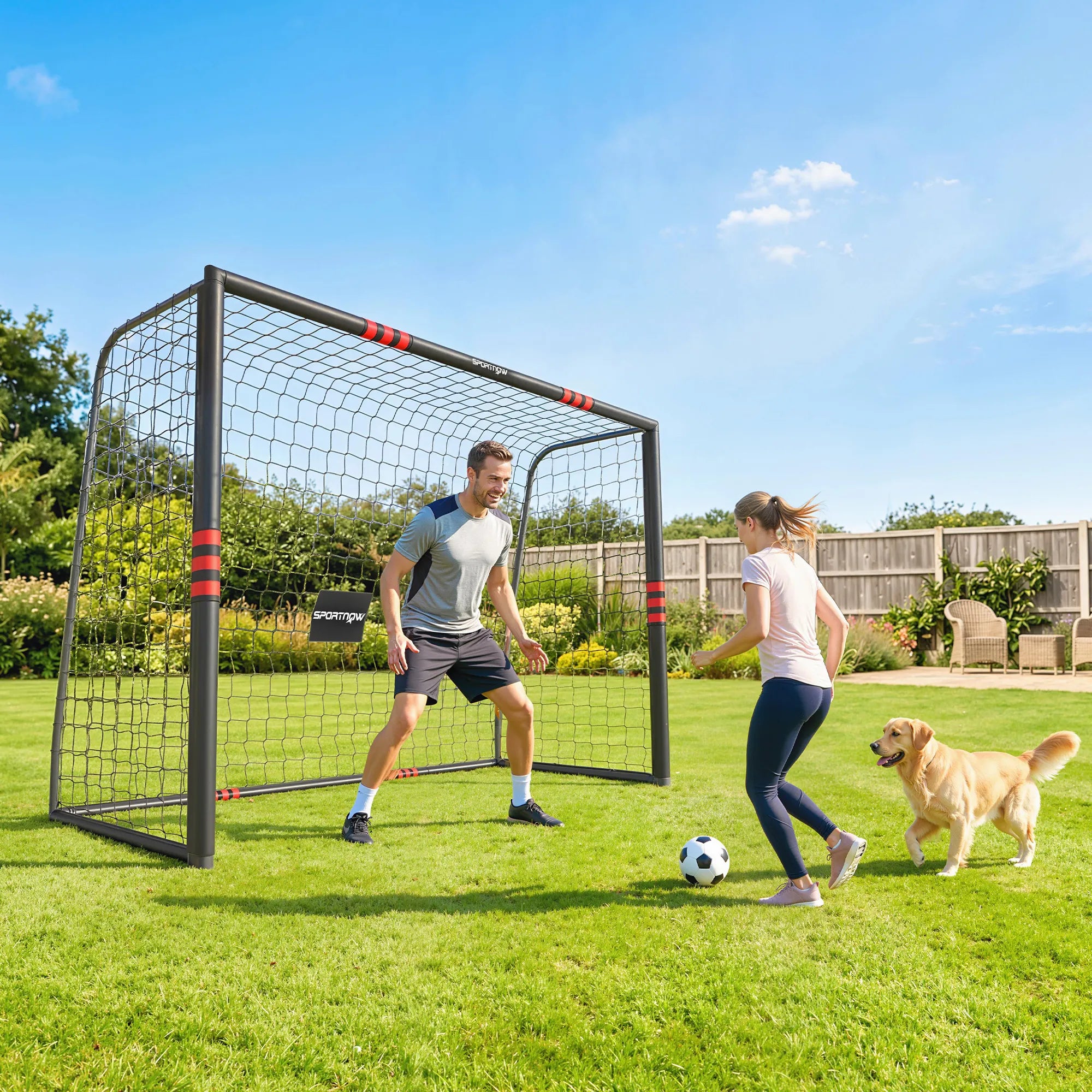 Futbolo vartai 300 x 200 cm su apsauga vaikams nuo 5 metų, juodi/raudoni