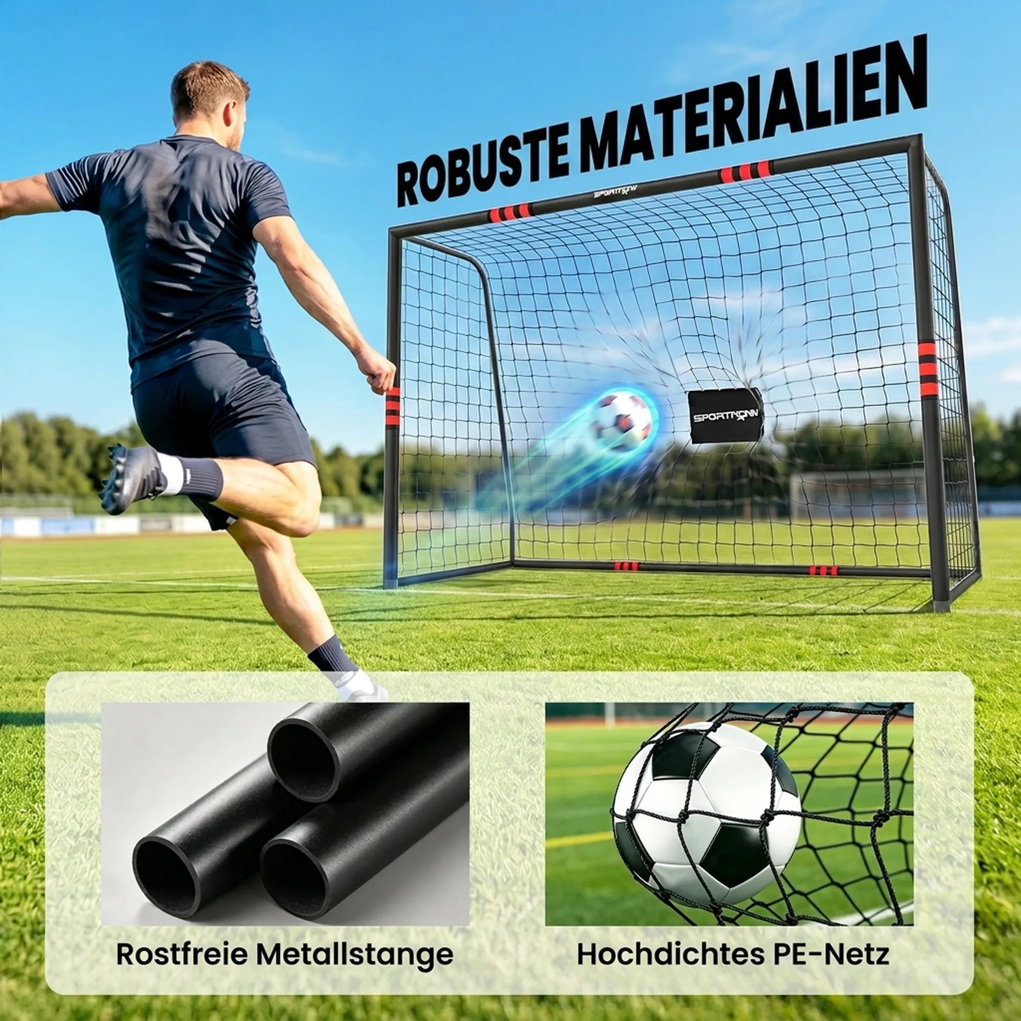 Futbolo vartai 300 x 200 cm su apsauga vaikams nuo 5 metų, juodi/raudoni