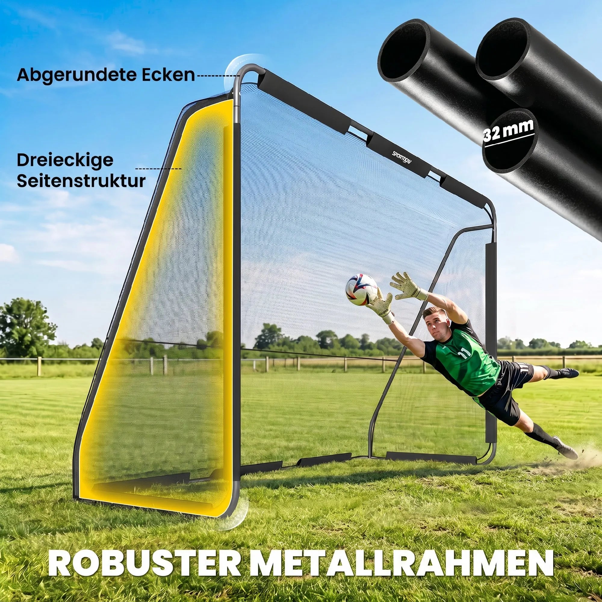 Futbolo vartai 300 x 200 cm su tvirtu tinkleliu, juodi