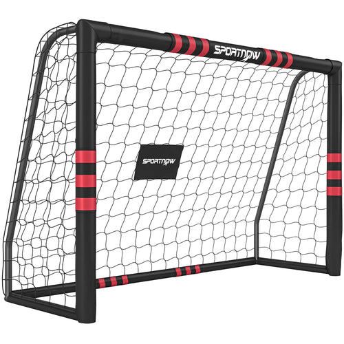 Futbolo vartai su juodu rėmu, raudonais dryžiais ir tinkleliu