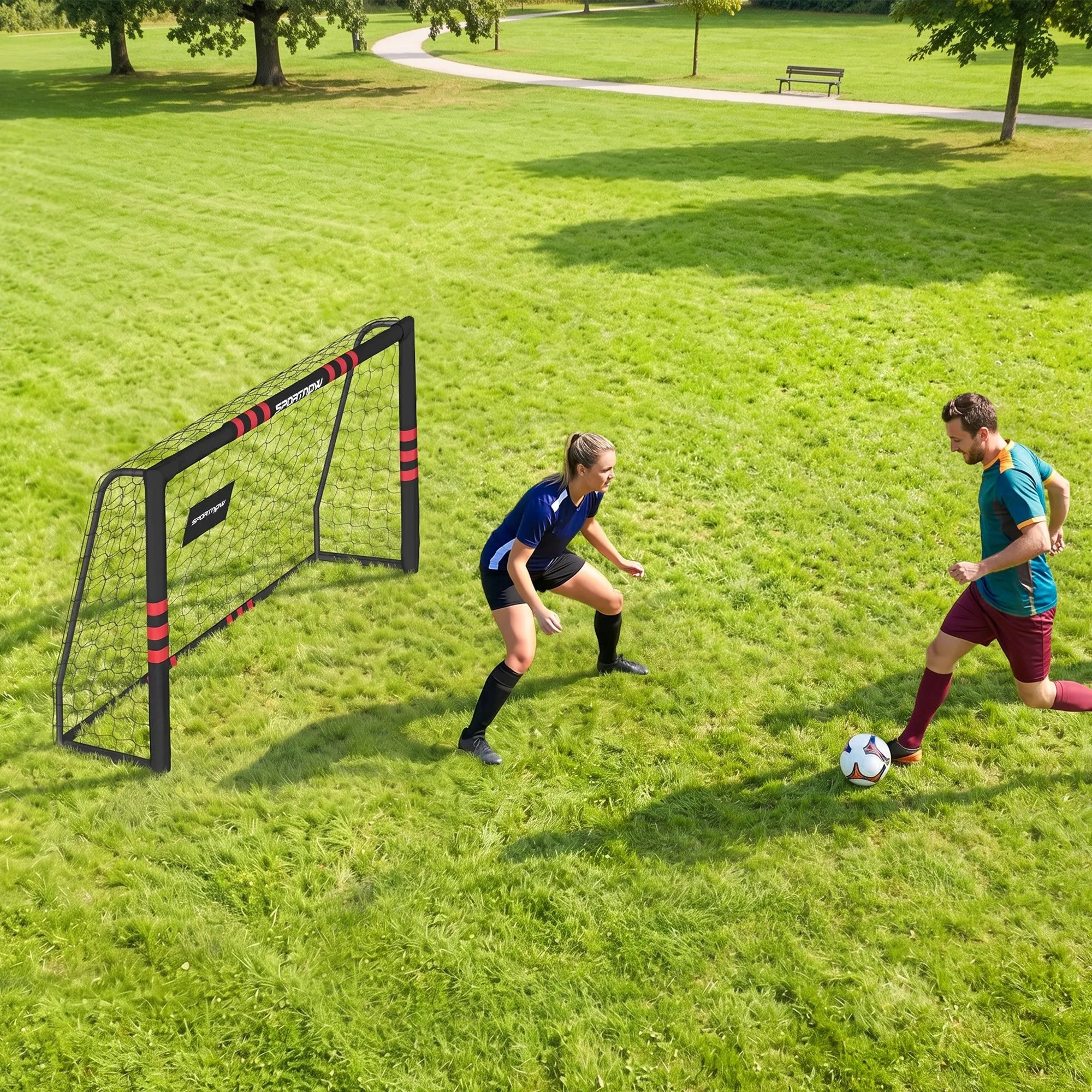 Futbolo vartai sodui 1,8 x 1,2 m, juodi ir raudoni