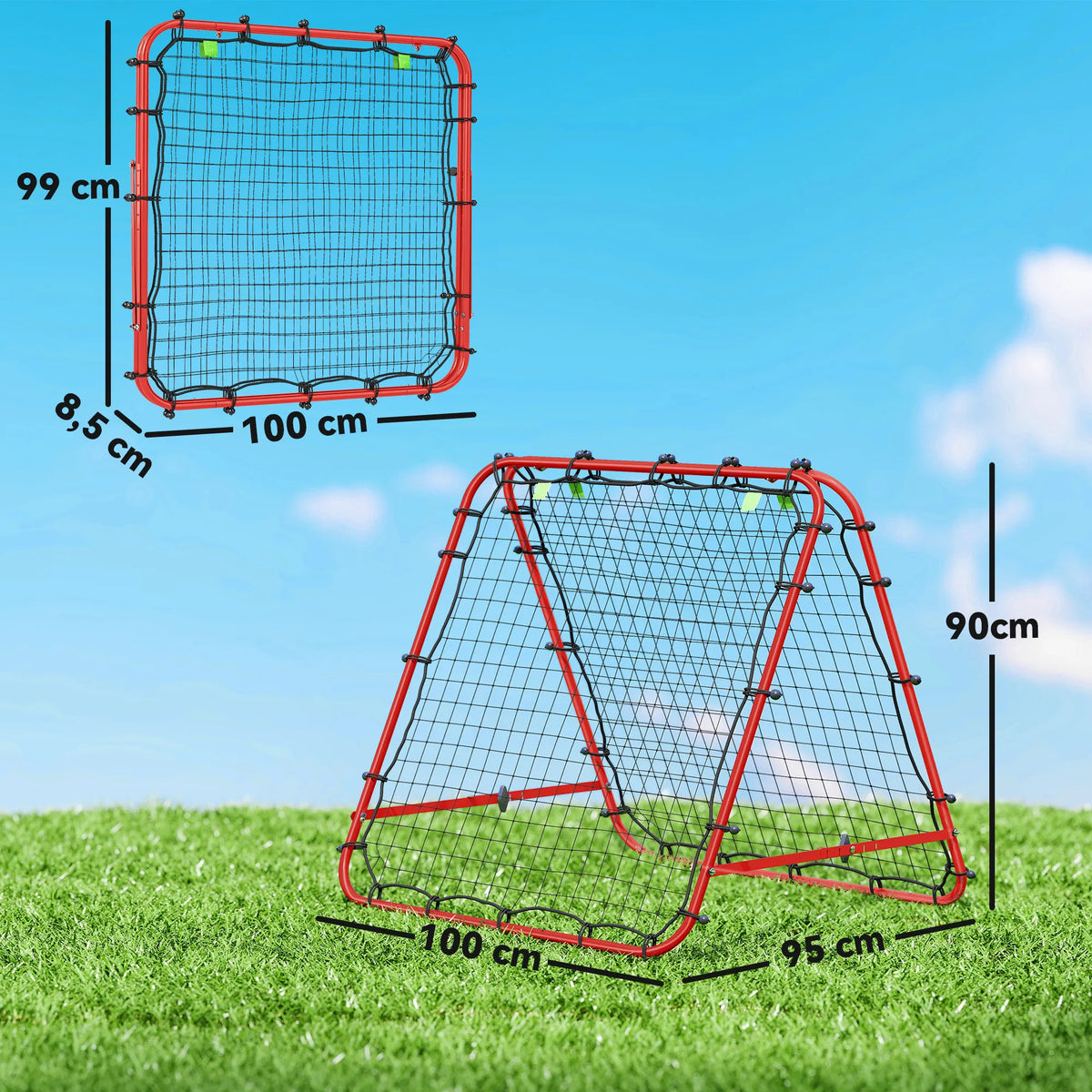 Futbolo vartai su atšokimo funkcija, reguliuojami, sulankstomi, 100x68-95 cm, raudoni