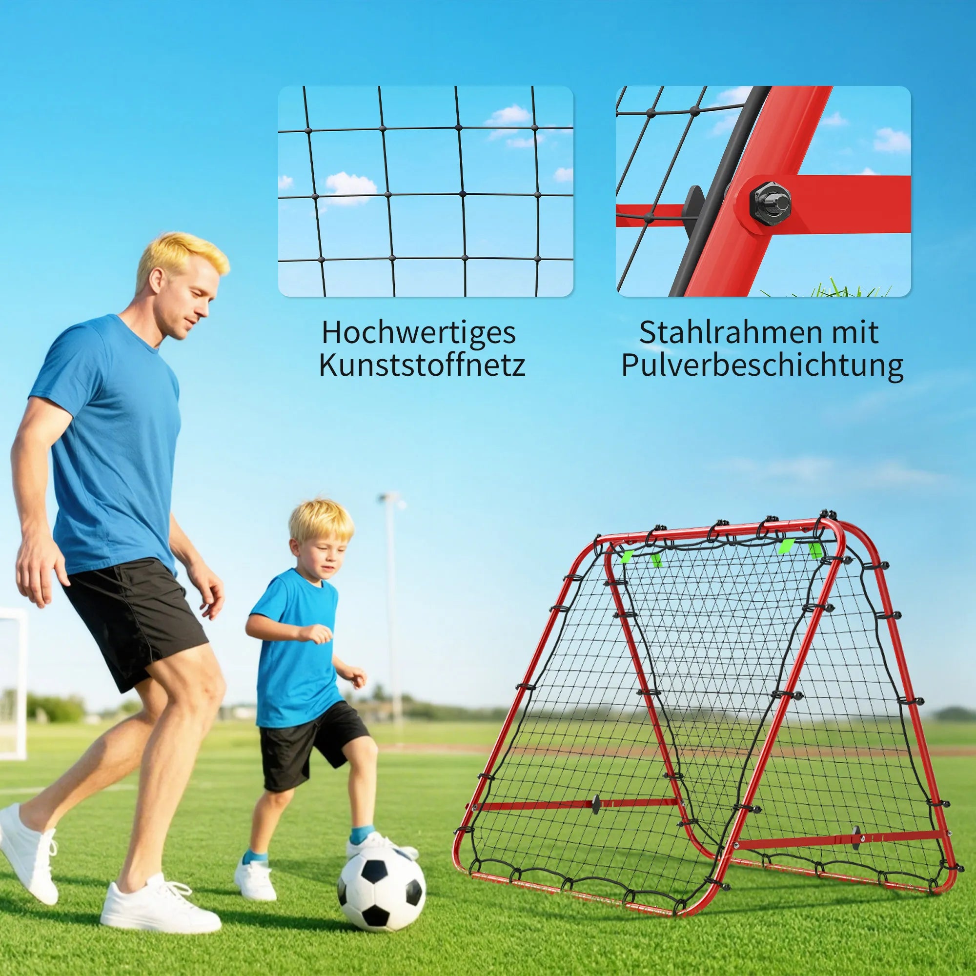 Futbolo vartai su atšokimo funkcija, reguliuojami, sulankstomi, 100x68-95 cm, raudoni