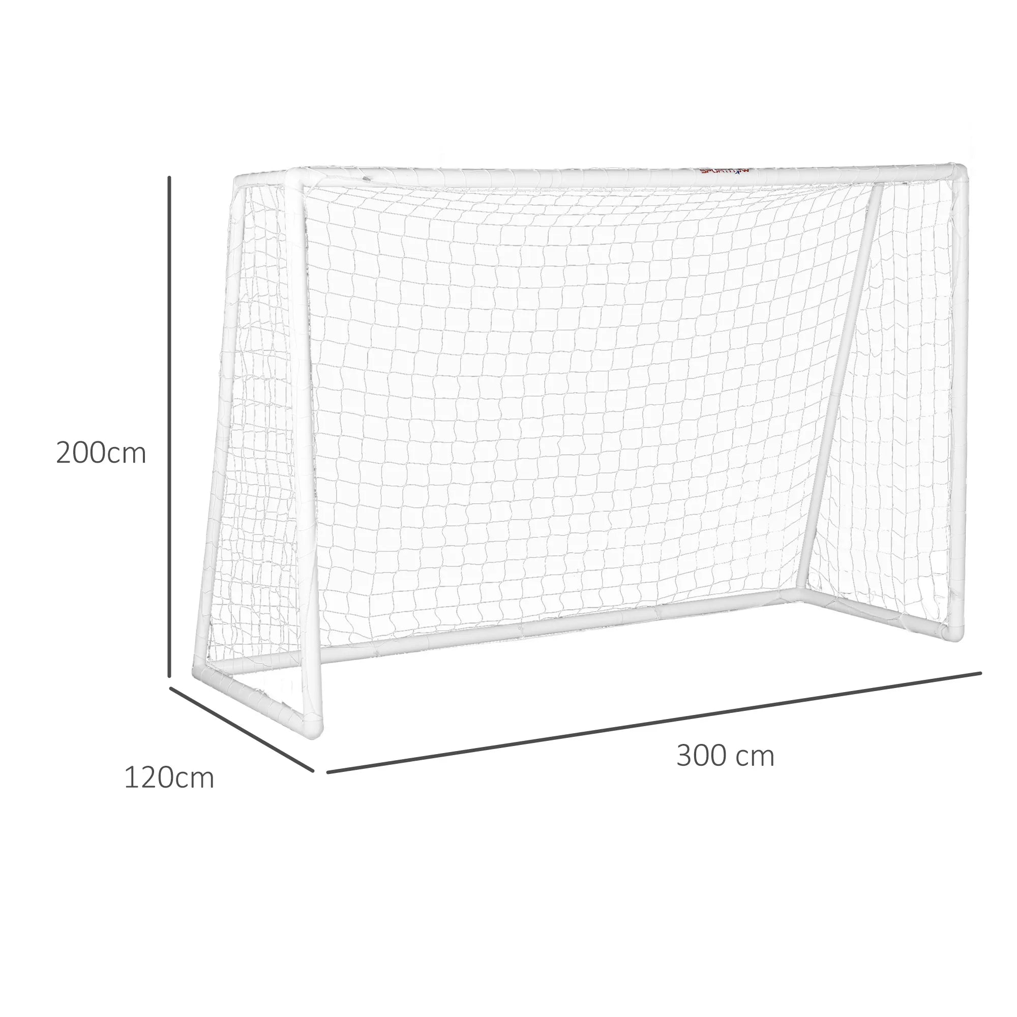 Futbolo vartai, tvirtas tinklas, plastikinis rėmas, vinys, 300L x 120B x 200H cm, balti
