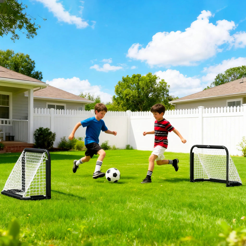 Futbolo vartų rinkinys, 2 sulankstomi mini vartai, metalinis rėmas, įskaitant įrankius, 90 x 36 x 60 cm, juodos spalvos