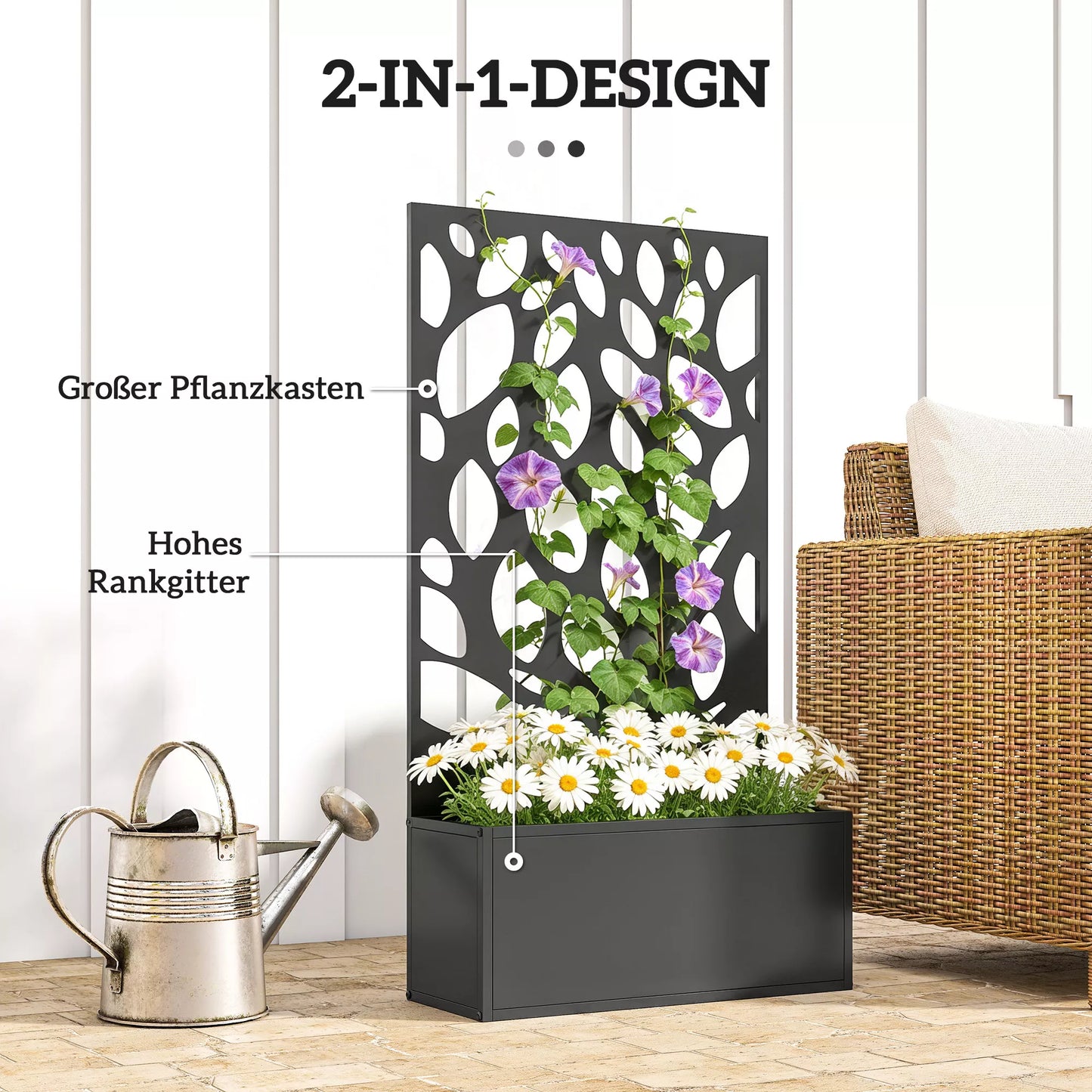 Pakelta lysvė su grotelėmis, metalinis vazonas su sienele tvirtinimui prie sienos arba pastatymui, plienas, 60x25x150 cm, antracito