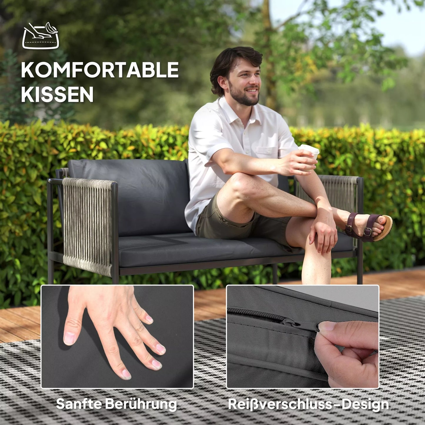 4 dalių lauko baldų komplektas, 1 sofa, 2 foteliai, 1 stalas su stikliniu stalviršiu, pagalvėlės, plieninis rėmas, plastiko rotangas, pilkas