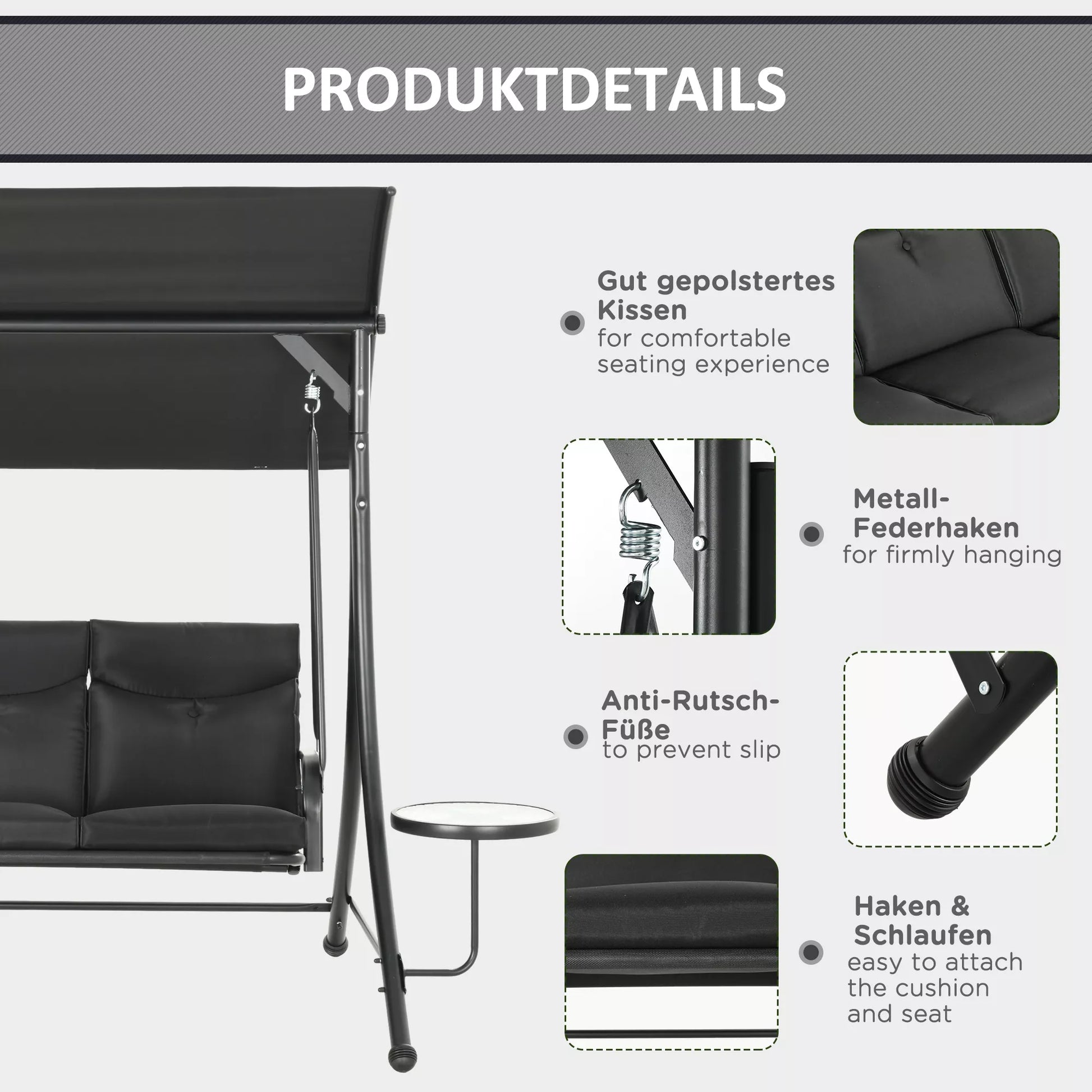 Holivudo sūpynės, sūpynės su suoliuku, 3 vietų sodo sūpynės su reguliuojamu saulės stogu, 278 x 135 x 177 cm, juodos spalvos