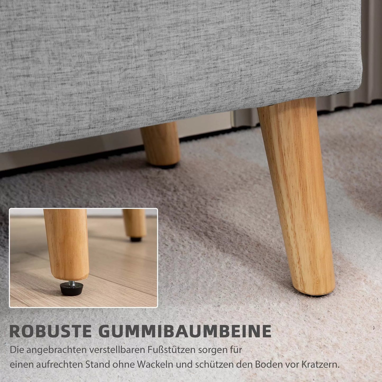 Sėdimoji su daiktadėže, apmušalas su lino imitacija, kaučiuko medienos kojelės, iki 220 kg, 110x39x45cm, pilka