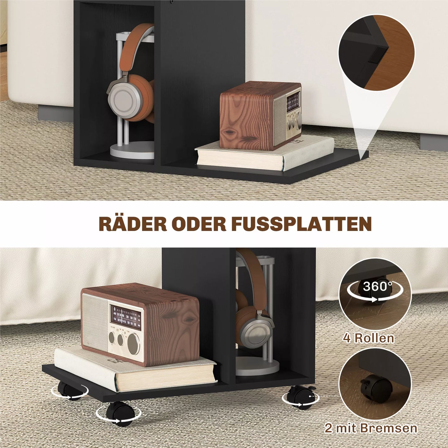 Stalinis staliukas, C formos serviravimo vežimėlis, 4 ratukai, 3 lentynos, 40 x 30 x 69 cm, juodas