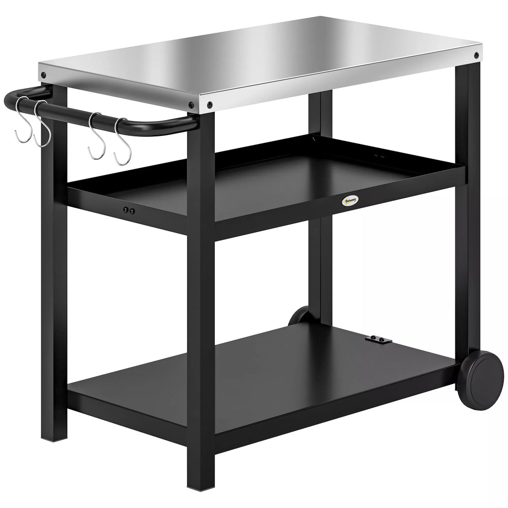 Grillwagen 3-Etagen Servierwagen mit Arbeitsfläche Ablagen Haken Räder, Edelstahl 102x50x81cm Kohlegrau