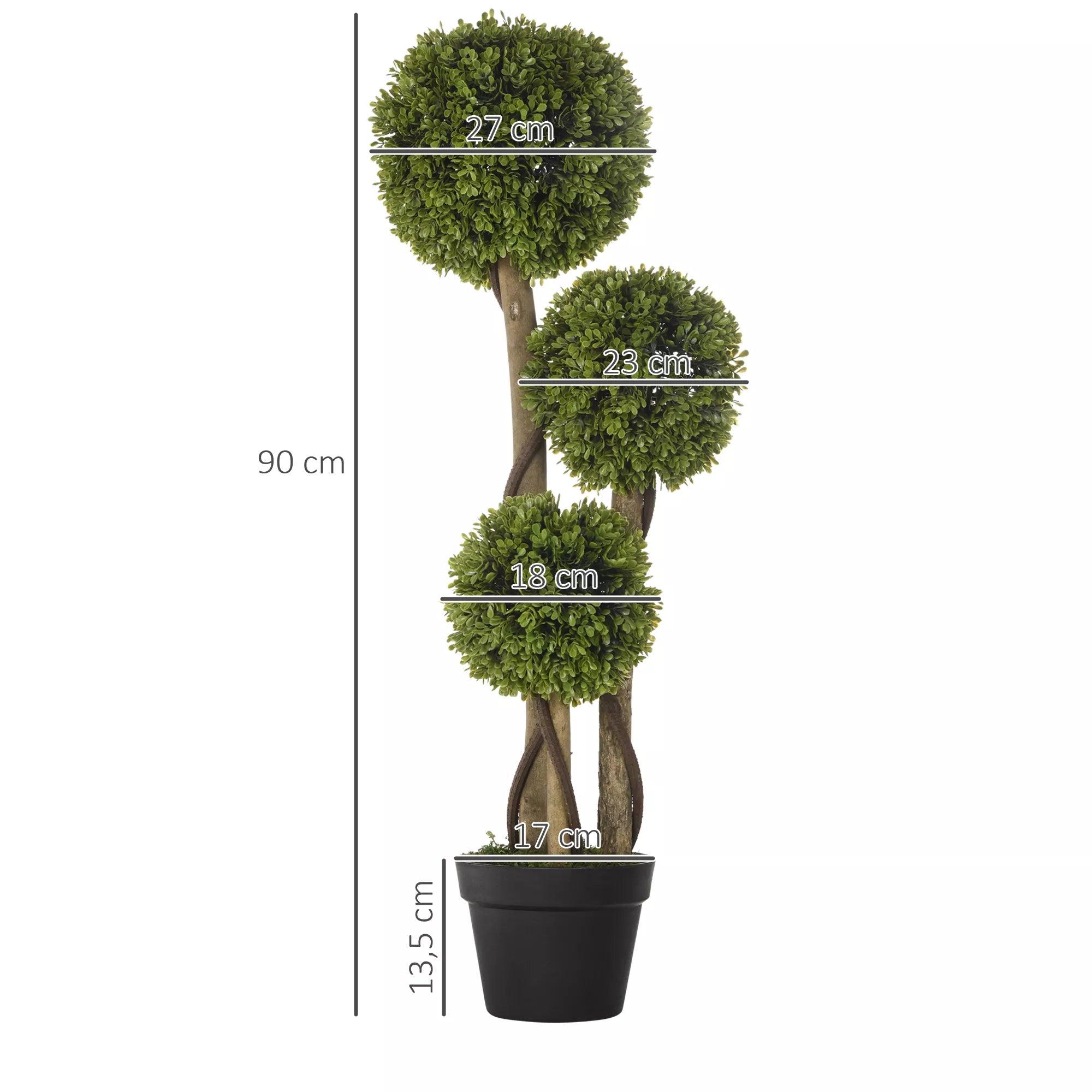 Dirbtinio buksmedžio schema su matmenimis 90, 22 ir 13,5 cm