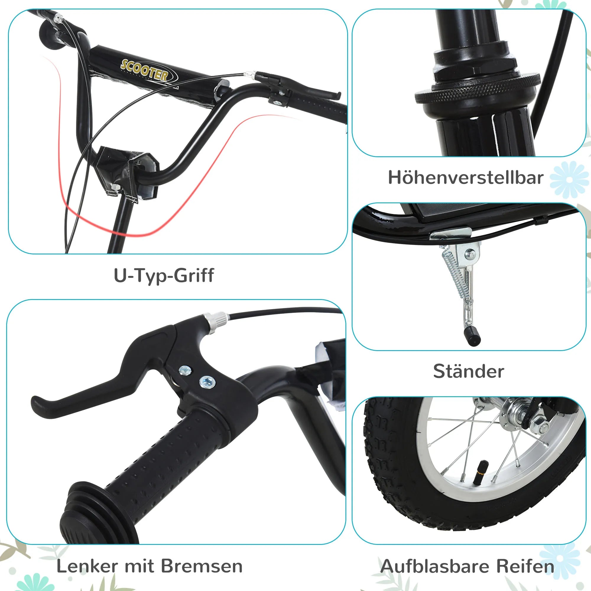 Vaikų paspirtukai nuo 5 metų Scooter Vaikų paspirtukai Paspirtukai Miesto paspirtukai Vaikų paspirtukai Kickboard su pneumatinėmis padangomis 12 colių Guma Aliuminis Juodas 120 x 58 x 85-95 cm