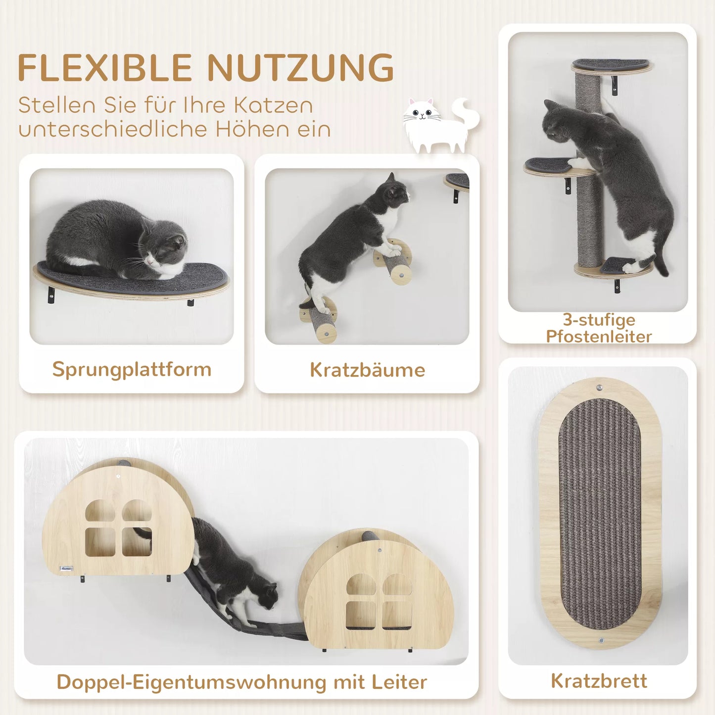 Katės laipiojimo sienelė, 7 dalių, katės laipiojimo sienelės komplektas su sizalio stulpu, kopėčiomis, platforma, draskykle, pilka