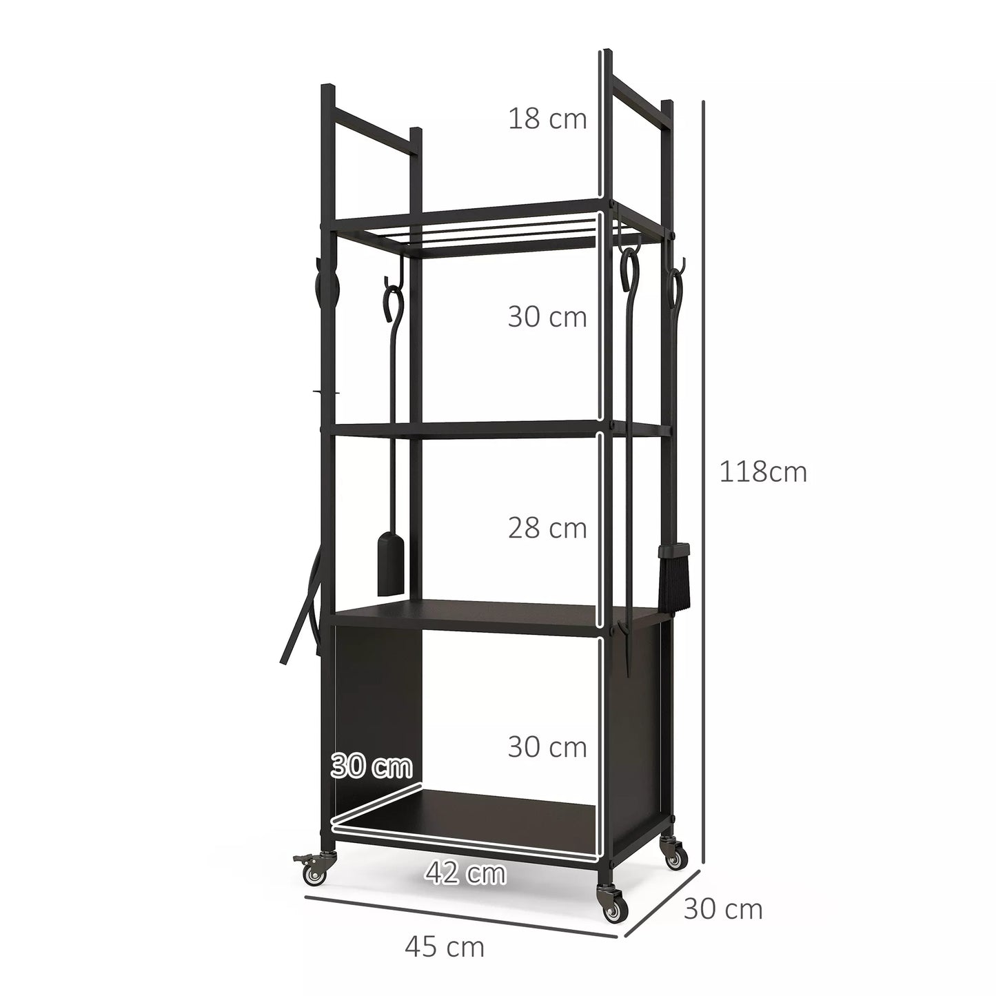 4 pakopų malkų laikiklis su ratukais ir 4 įrankiais, metalinis malkų laikiklis vidaus ir lauko reikmėms, juodas