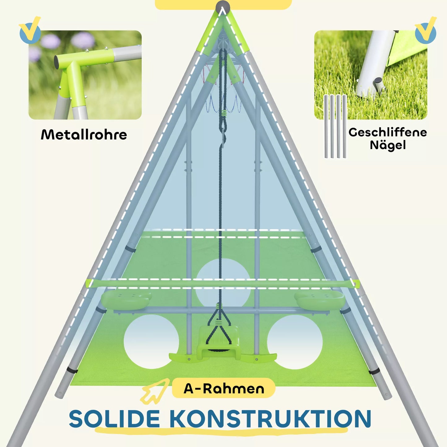 Lauko sūpynių komplektas vaikams, reguliuojamas, plieninis, žalias