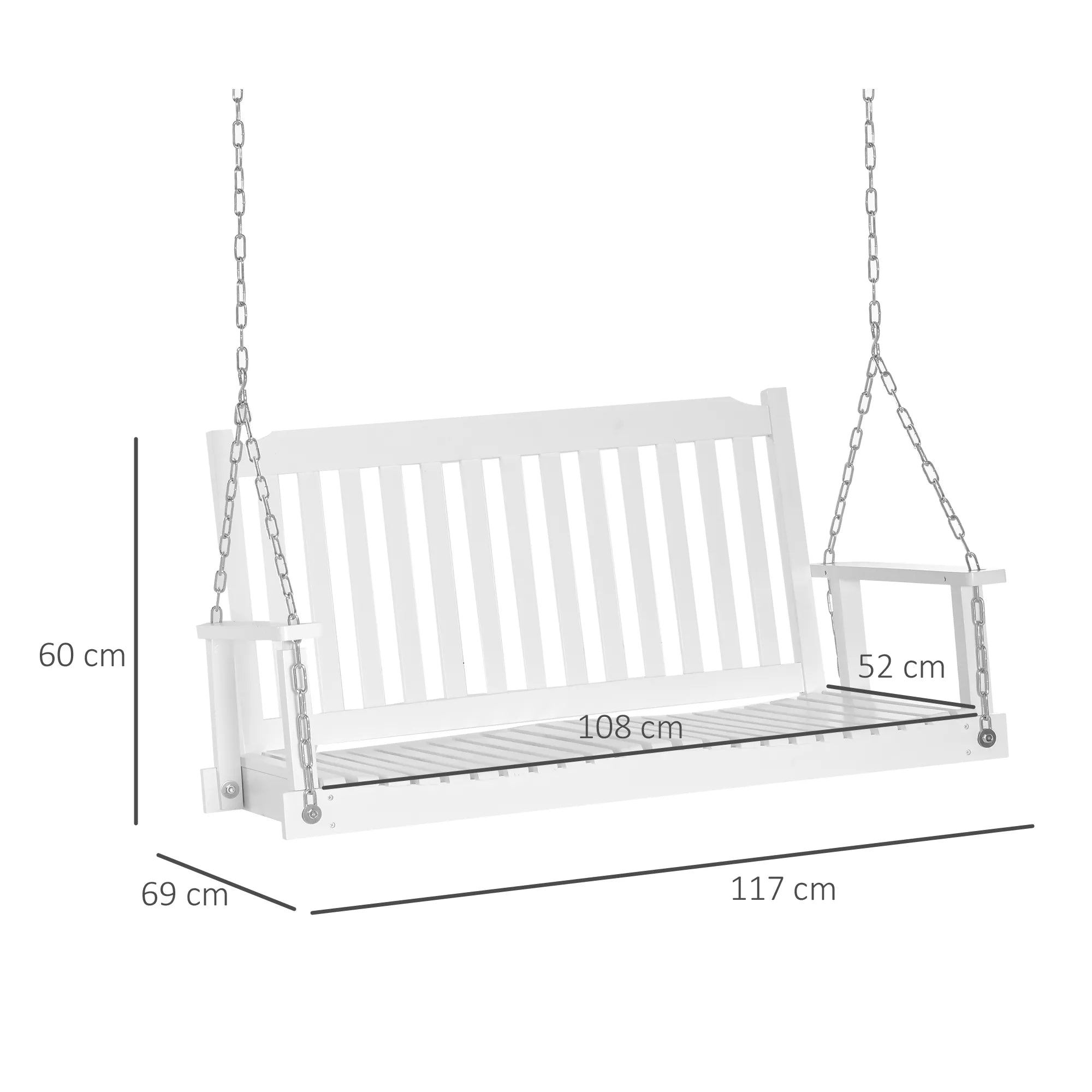 Sodo sūpynės 2 asmenims Sūpynės suolelis Pakabinamas suolelis Masyvi mediena Patio terasa Kiemas Balta 117 x 69 x 60 cm