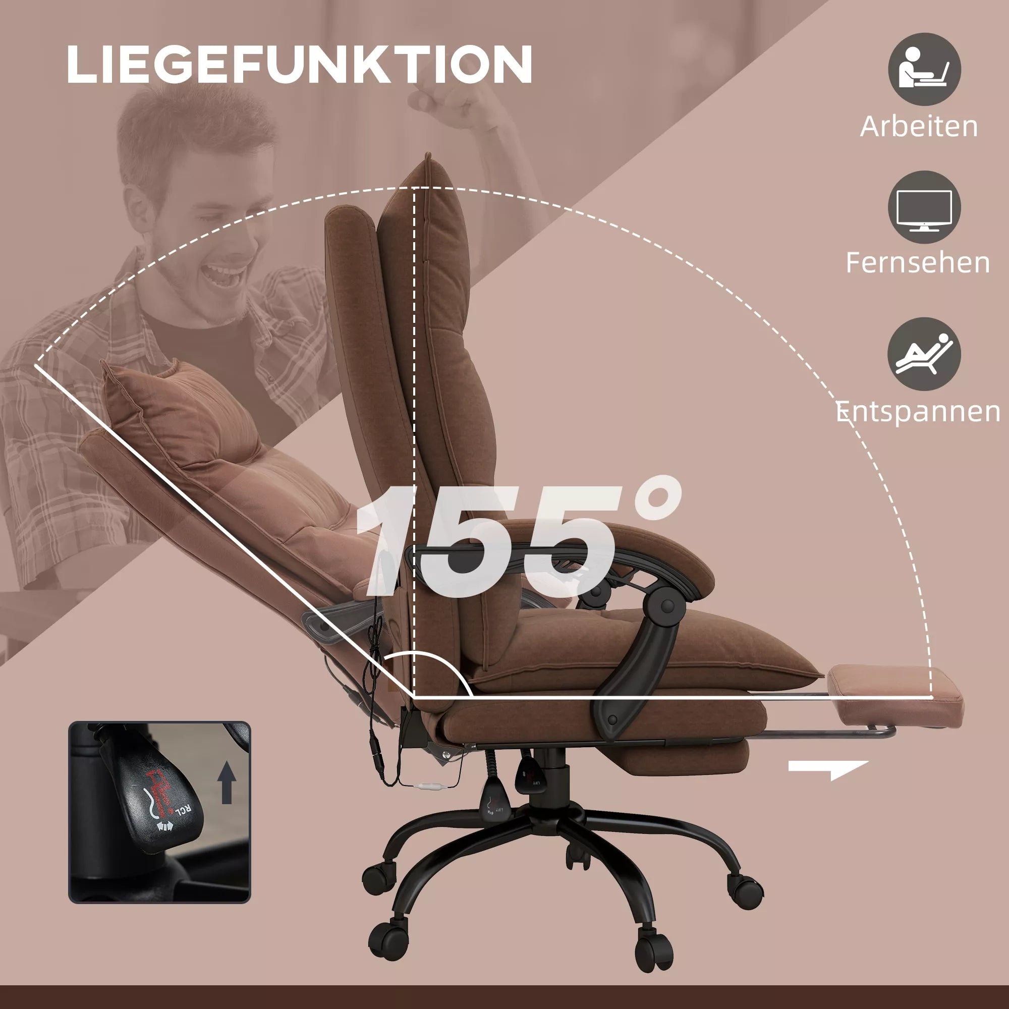 Grafika apie kėdės atlošo atlenkimą iki 155 laipsnių