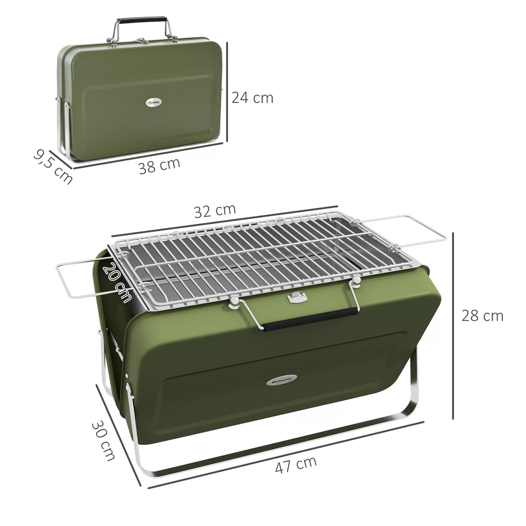 Lauko grilis, mini anglies grilis, sulankstomas, su anglies dėklu ir pelenų surinkimo dėklu, metalinis korpusas, žalias