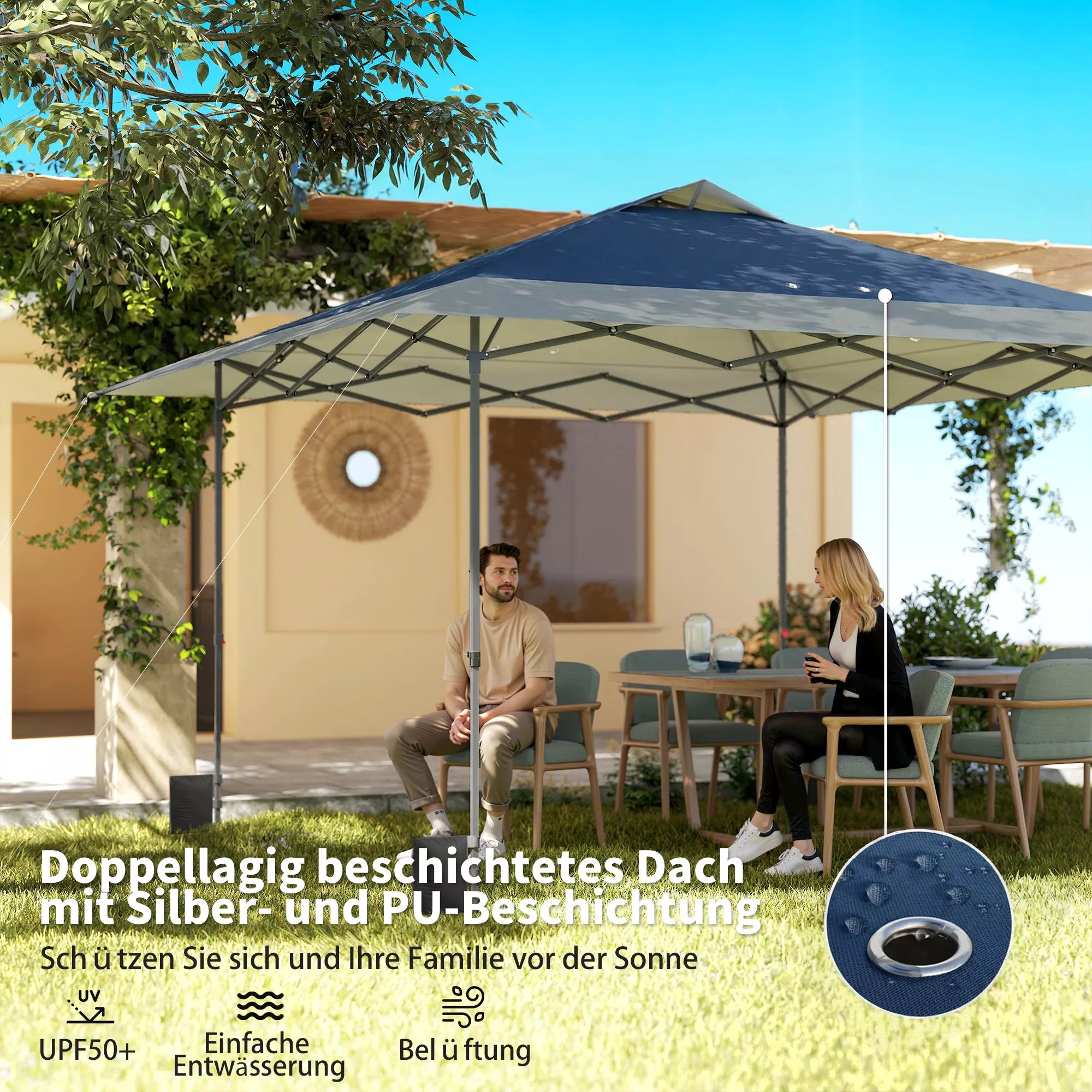 Paviljonas, maždaug 4x4 m, atsparus vandeniui, stabilus, atsparus žiemai, išskleidžiamas, su vieno žingsnio uždarymo funkcija, UV 50+