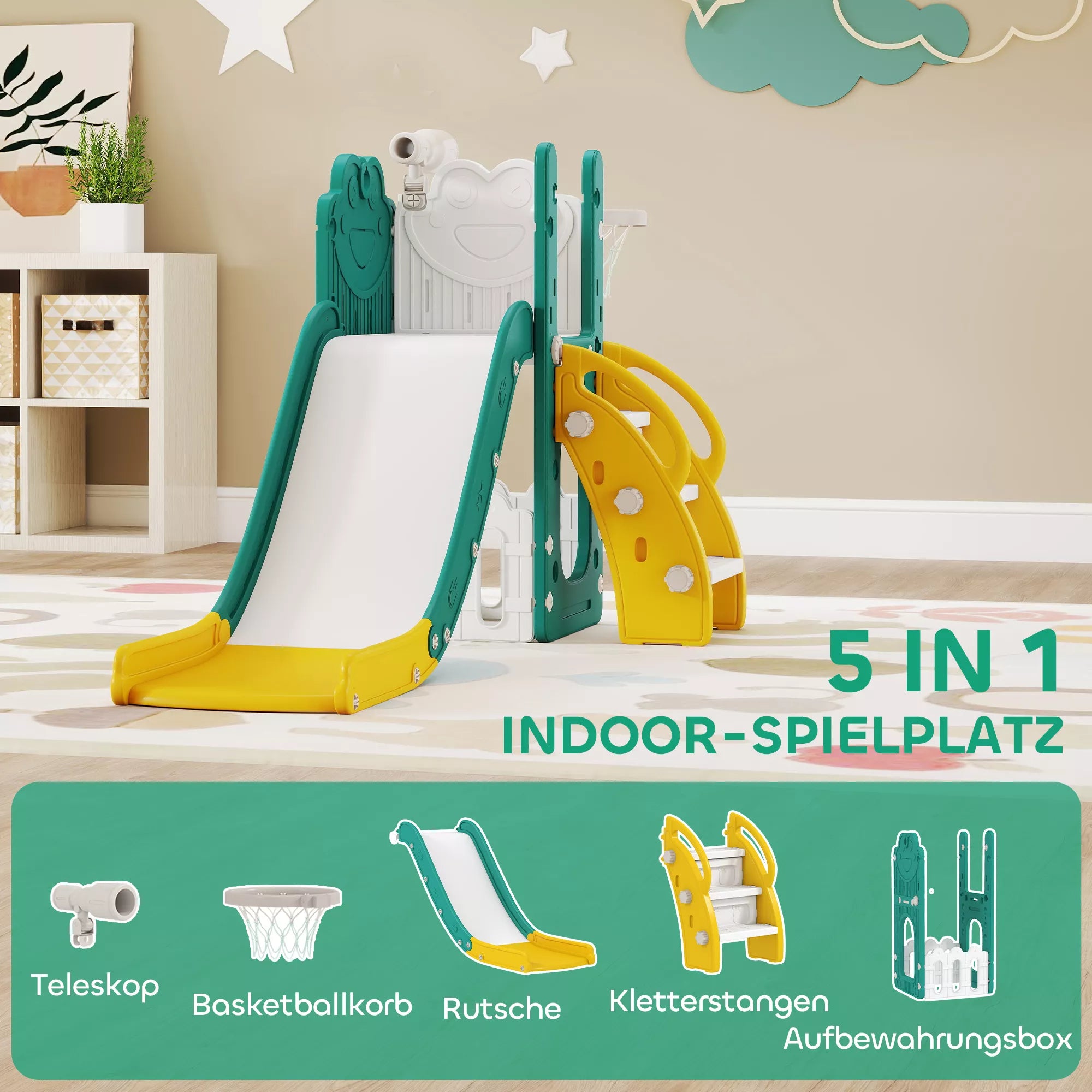 5-in-1 vaikų čiuožyklų rinkinys, teleskopas, krepšinio lankas, plastikas, geltonas + žalias