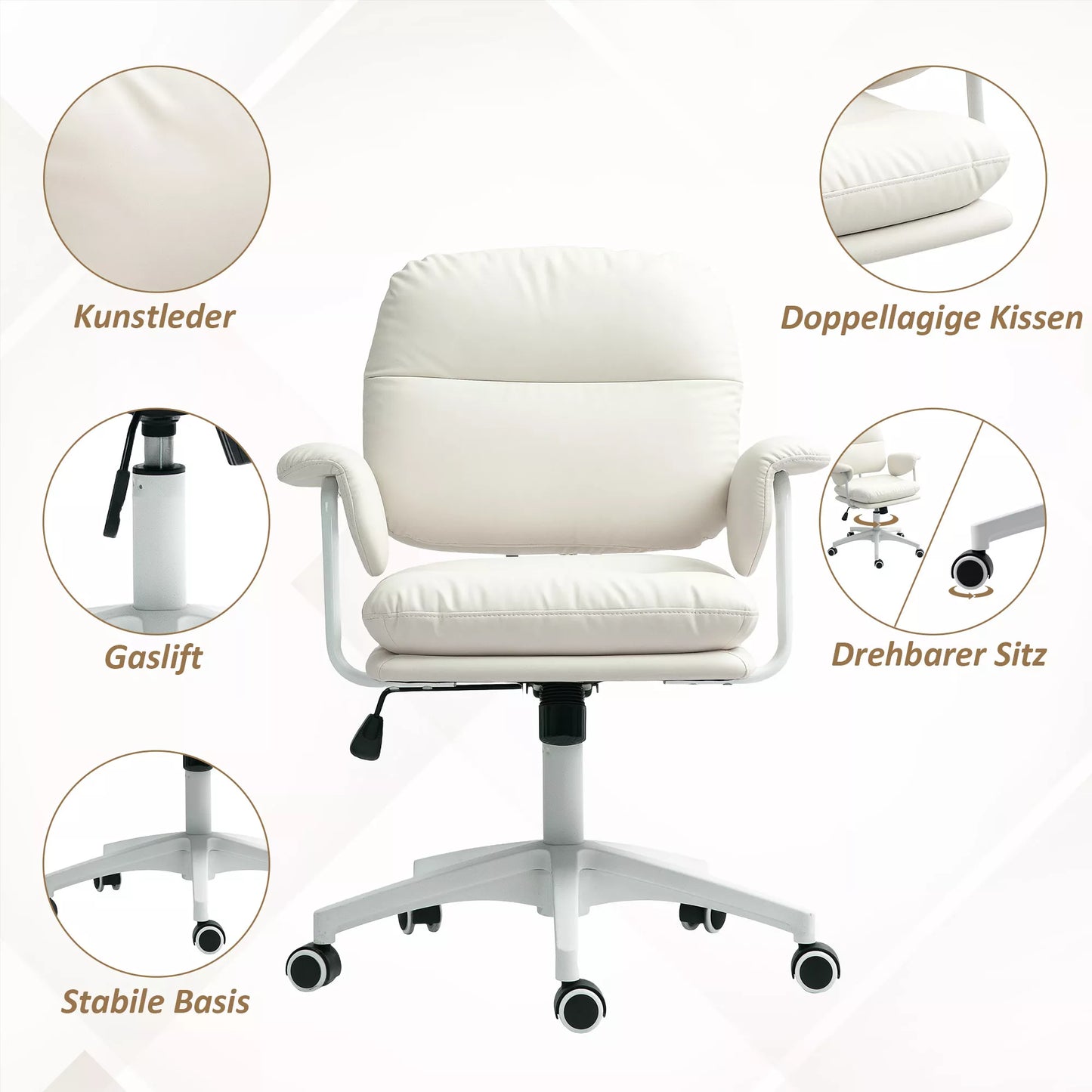 Reguliuojamo aukščio rašomojo stalo kėdė su minkšta pagalvėle ir dirbtinės odos apmušalu, lanksčiais ratukais ir pasvirimo funkcija, Balta