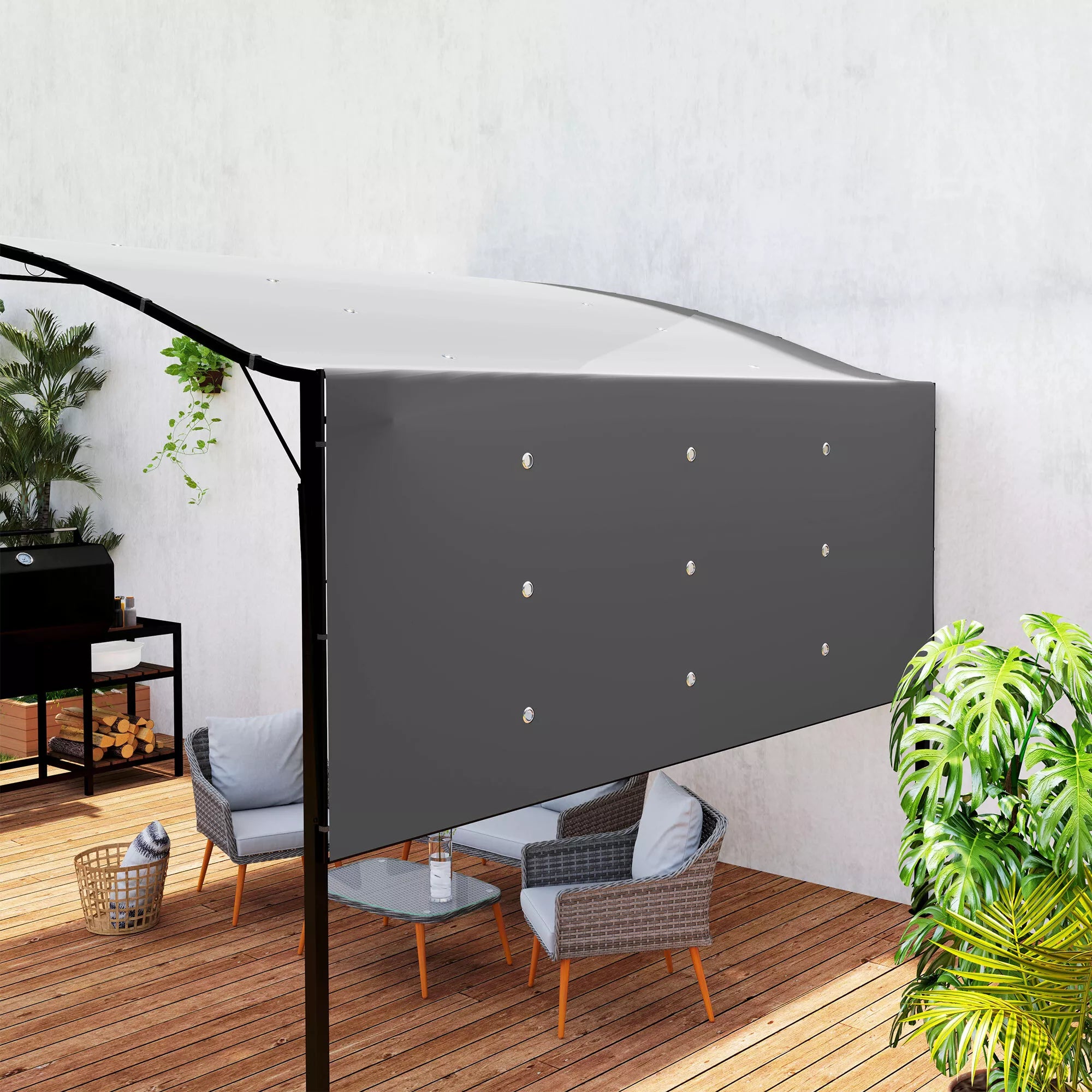 Sodo paviljonas su stogo prailginimu, vandeniui atsparus, pavėsinė 3x2,5 m terasai, tamsiai pilka