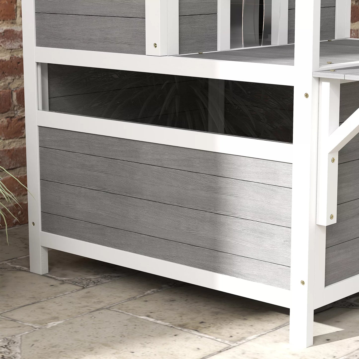 2 aukštų katės namelis su balkonu, atsparus oro sąlygoms katės būdelė, apsauga nuo lietaus ir saulės, vidui ir laukui, šviesiai pilkos spalvos