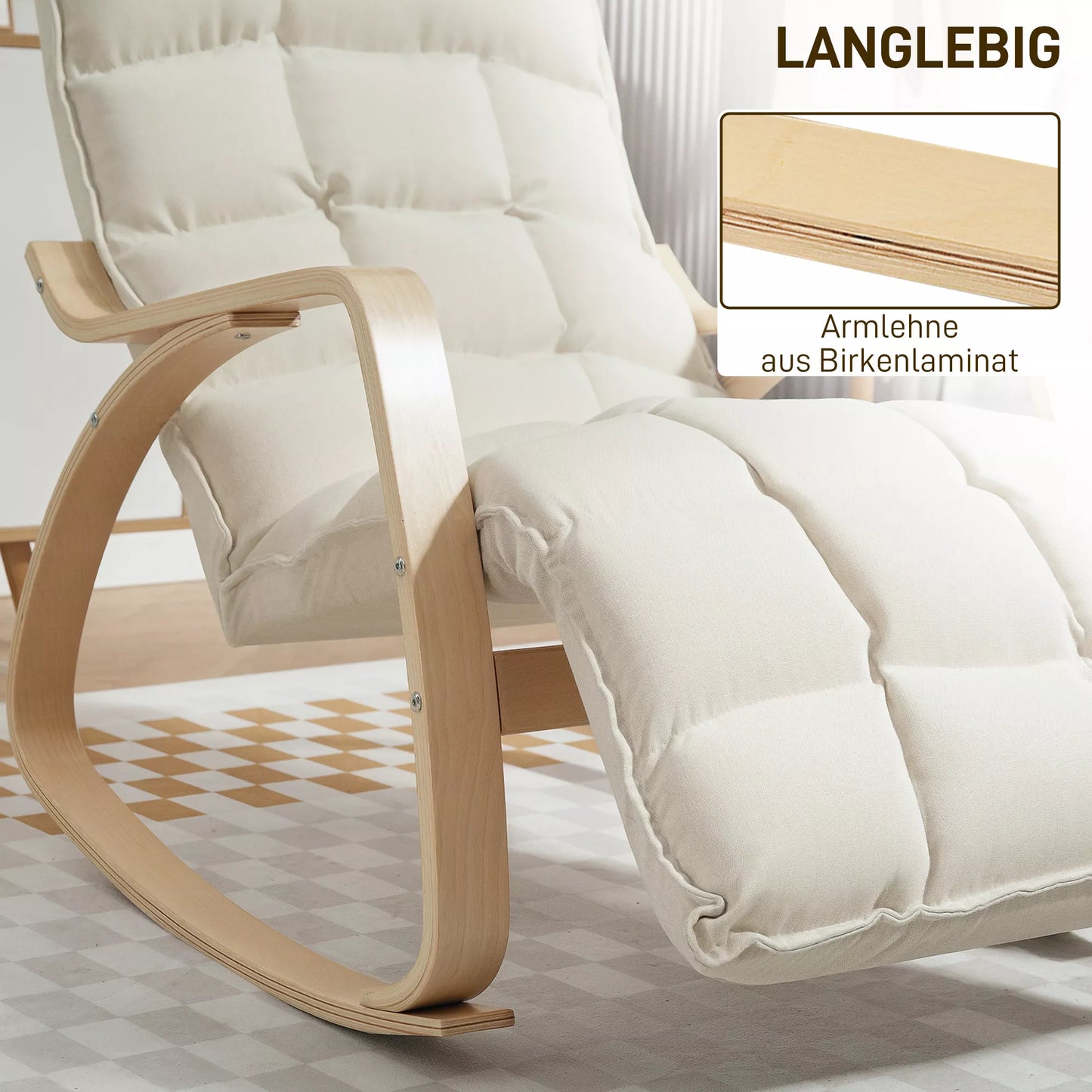 Paminkštintas supamasis krėslas, poilsio krėslas su porankiais ir plieniniu rėmu, tinkamas svetainei, miegamajam, kreminės baltos spalvos