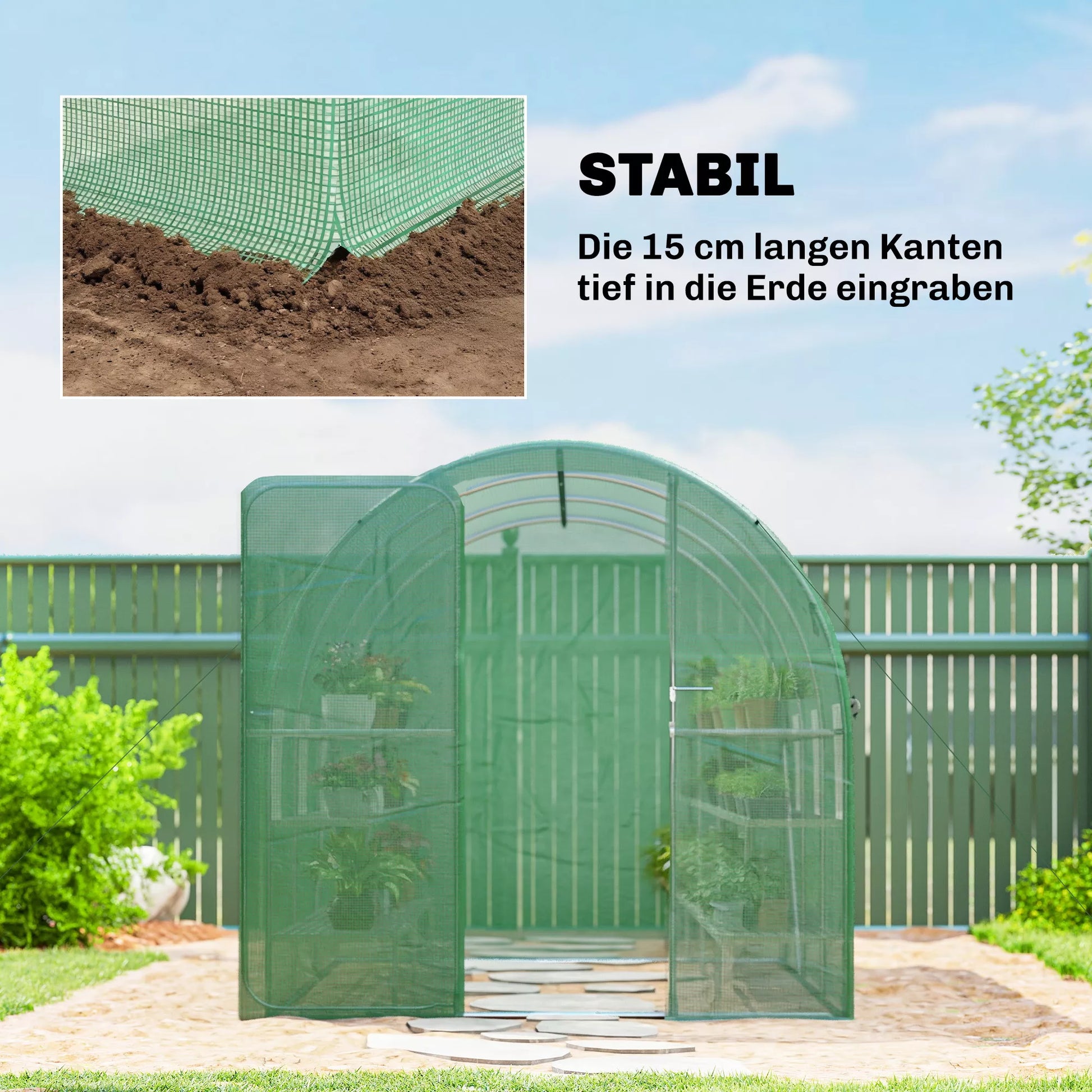 Arkinis šiltnamis su rakinamomis varstomomis durelėmis ir šešiais tinkliniais langais, folinis šiltnamis, pe-ratanas ir plienas, 3 x 2 x 2 m, žalia