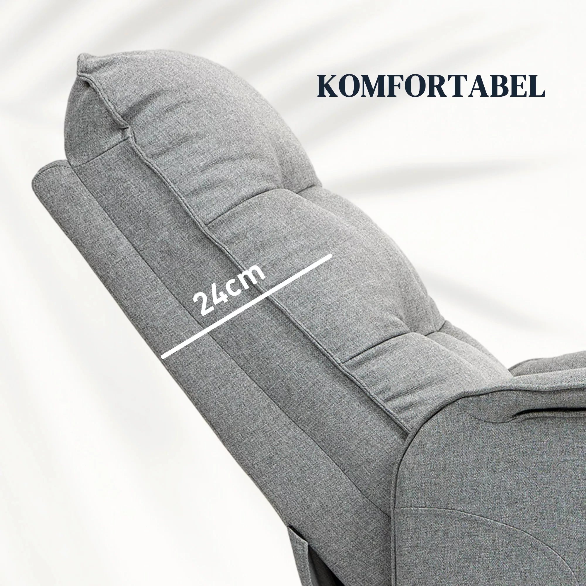 Krėslas su pakėlimo funkcija, recliner krėslas su pagalba atsistojant, elektrinis relaksacinis krėslas su nuotolinio valdymo pulteliu, šonine kišenė, pilkas
