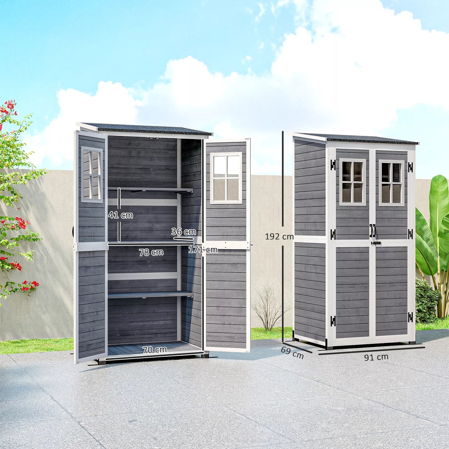 Sodo saugykla, įrankių namelis su 2 langais, žemės kuoliukai, asfaltuotas stogas, 91 x 69 x 192 cm, eglės mediena, šviesiai pilka