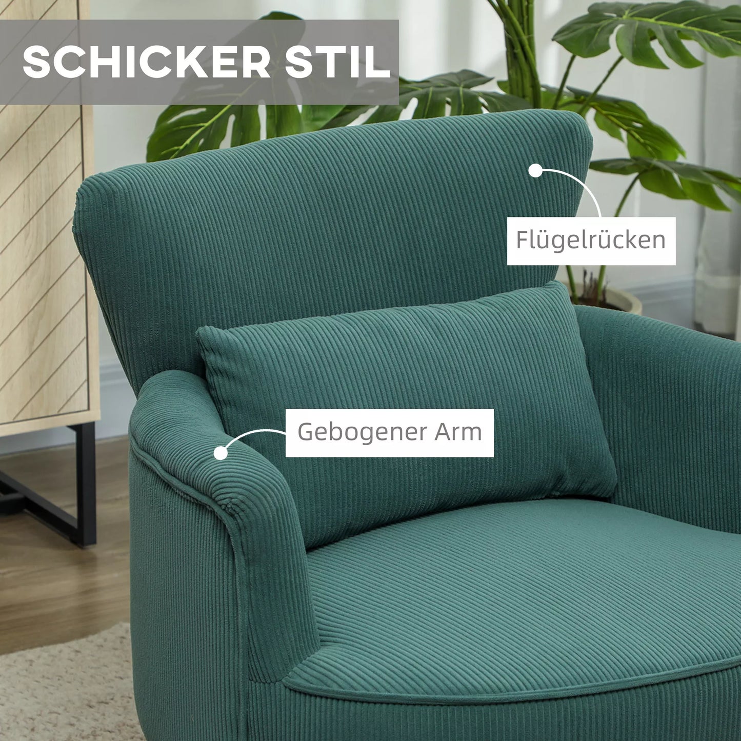 Modernus fotelis, minkšta akcento kėdė su juosmens atrama, kaučiukmedžio kojelėmis, tamsiai žalias