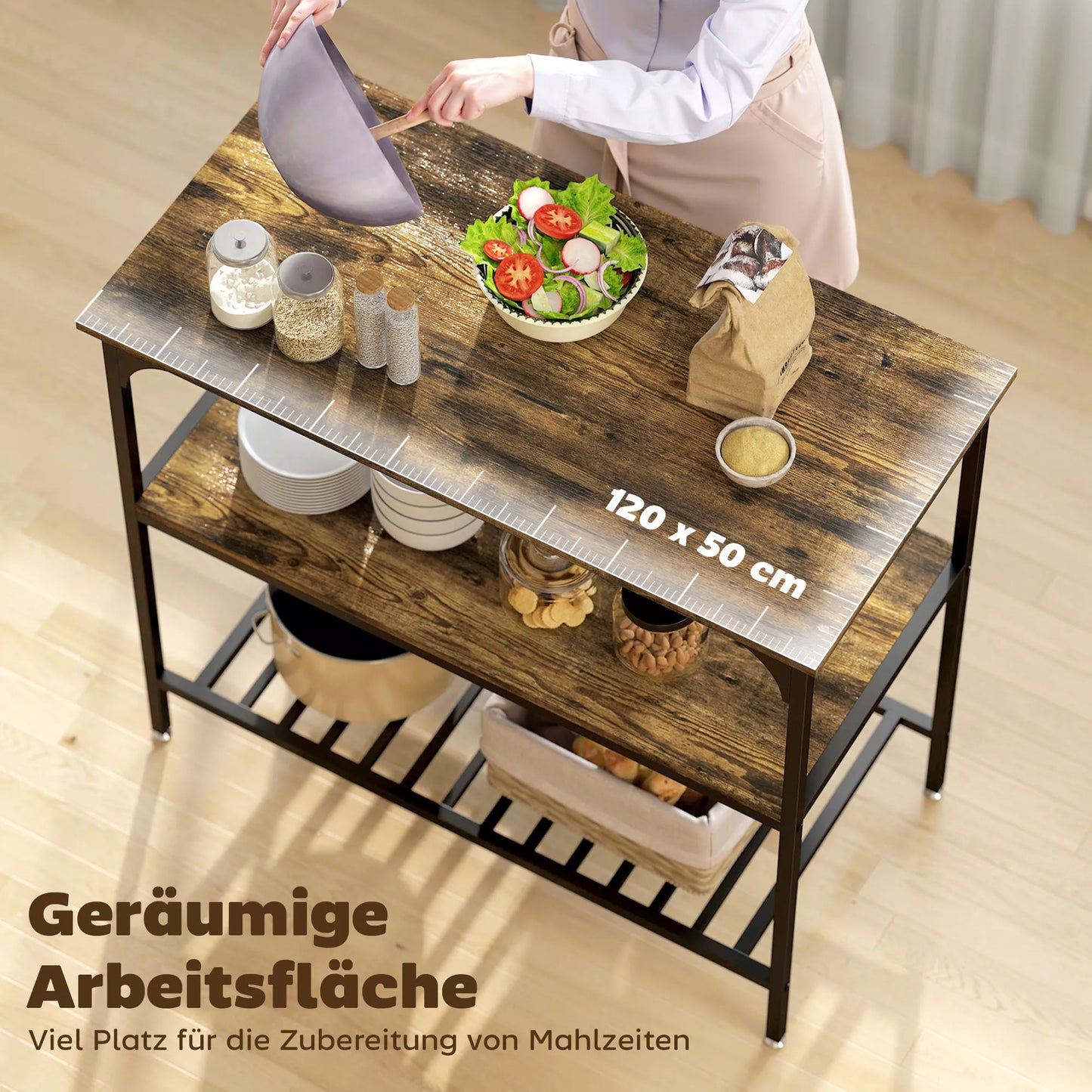 Virtuvės lentyna, 3 pakopų su plieniniu rėmu, rustiška ruda+juoda