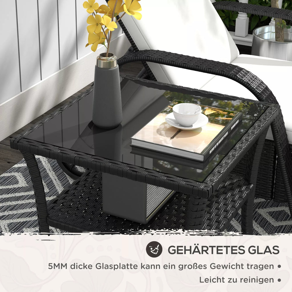 Polyrattan sodo stalas, 50 x 50 x 45 cm, atsparus atmosferos poveikiui, pagalbinis stalas 4 asmenims, kvadratinis su stikliniu stalviršiu