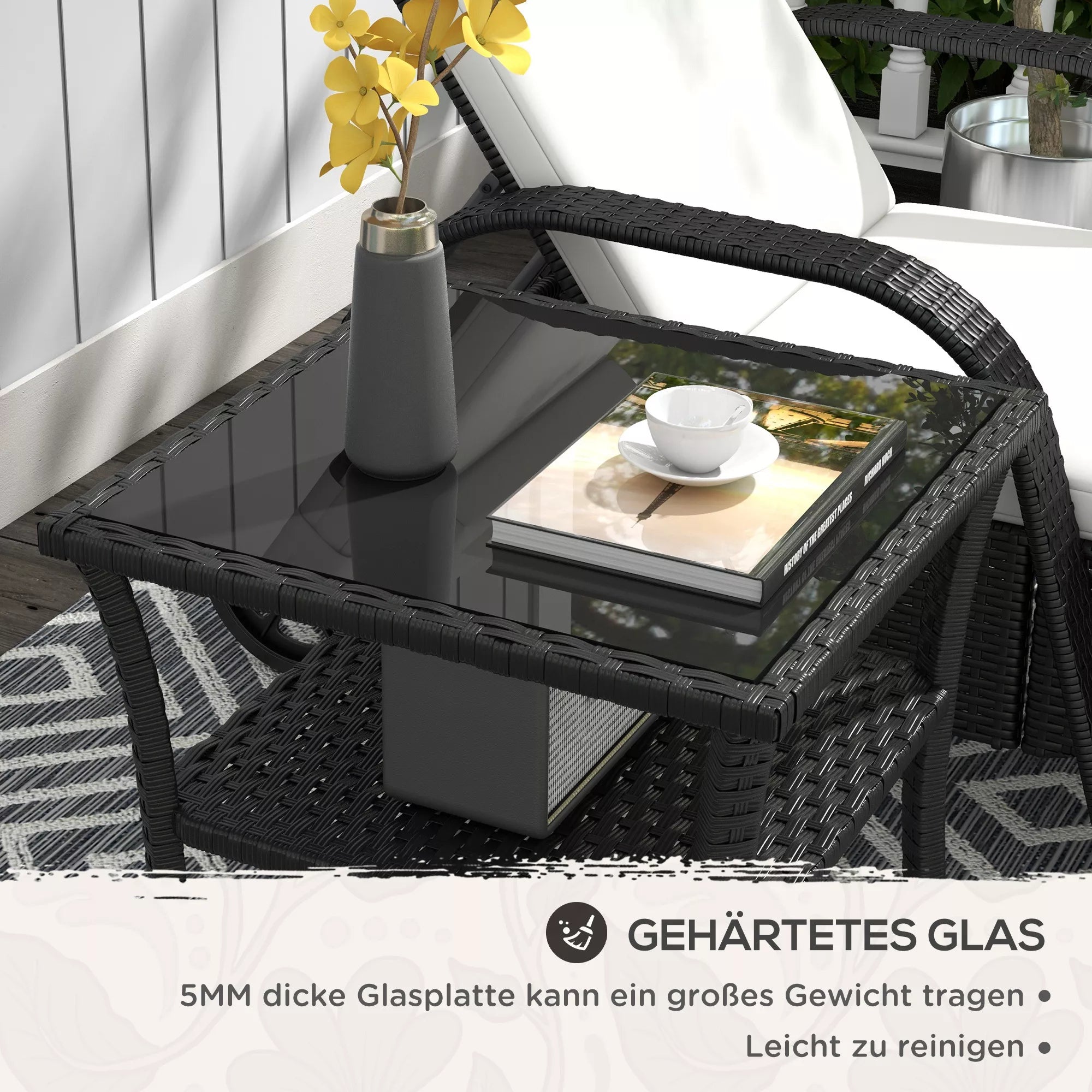 Polyrattan sodo stalas, 50 x 50 x 45 cm, atsparus atmosferos poveikiui, pagalbinis stalas 4 asmenims, kvadratinis su stikliniu stalviršiu