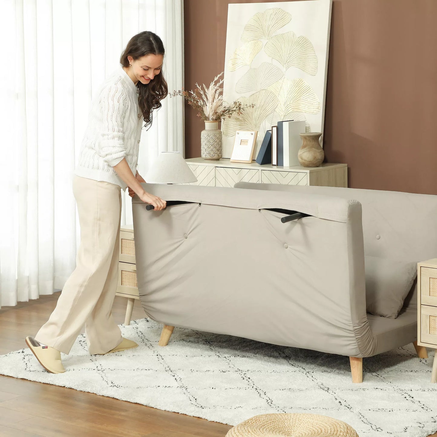 Miegamoji sofa, poilsio sofa, sofa-lova, su 2 pagalvėlėmis, aksomo išvaizda, 130 x 78 x 79 cm, smėlio spalvos